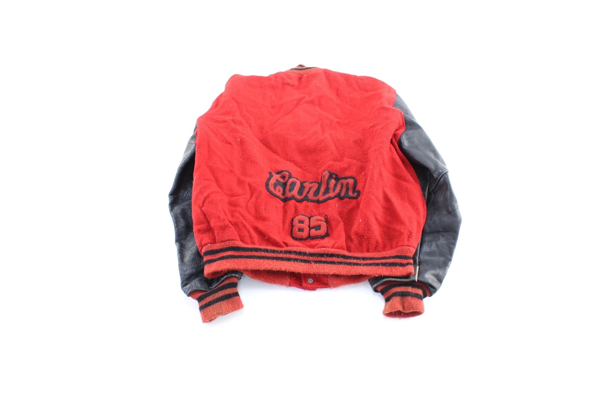 1985 DeLong Sportswear Red & Black Varsity Jacket - ThriftedThreads.com