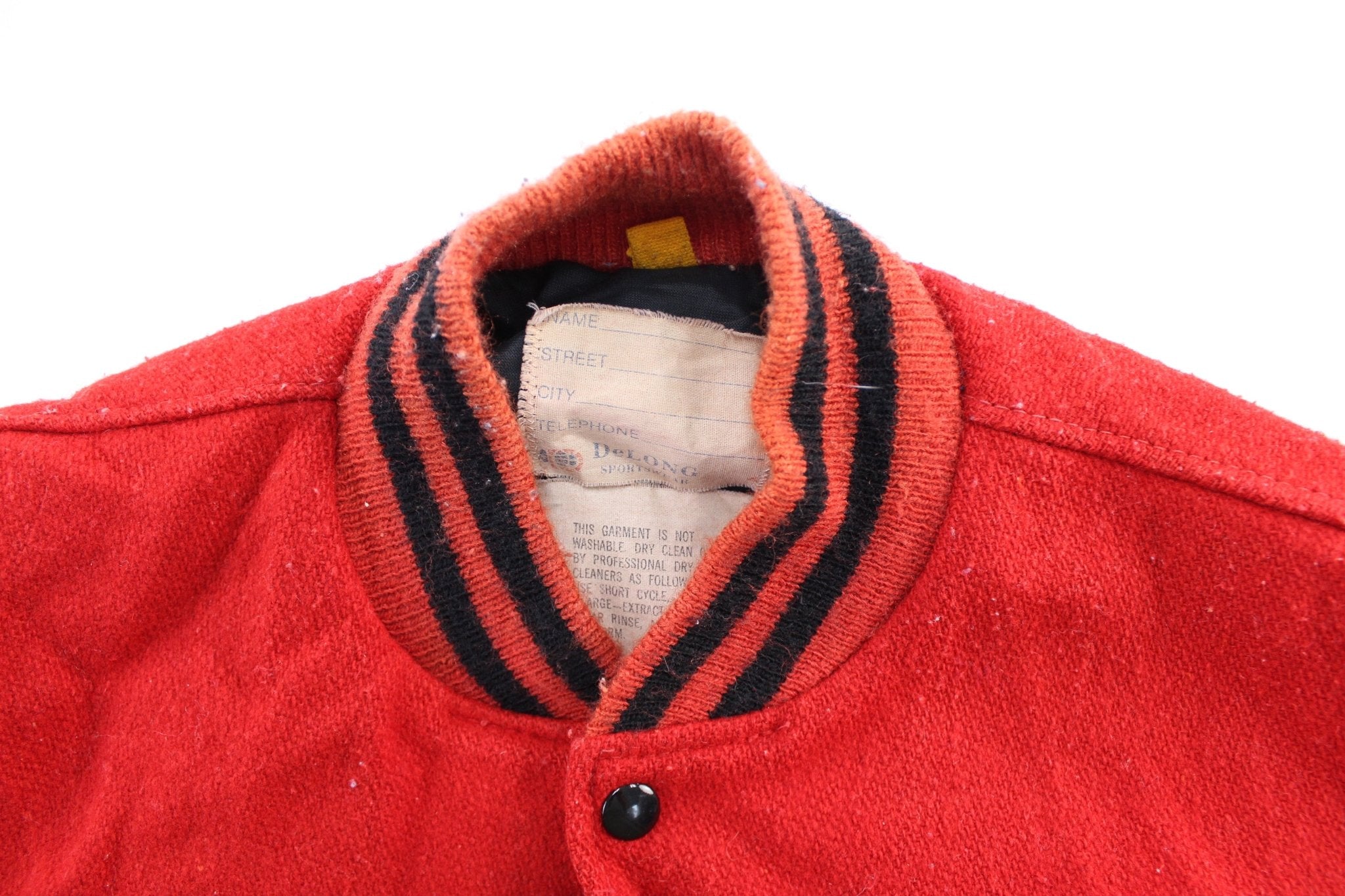 1985 DeLong Sportswear Red & Black Varsity Jacket - ThriftedThreads.com