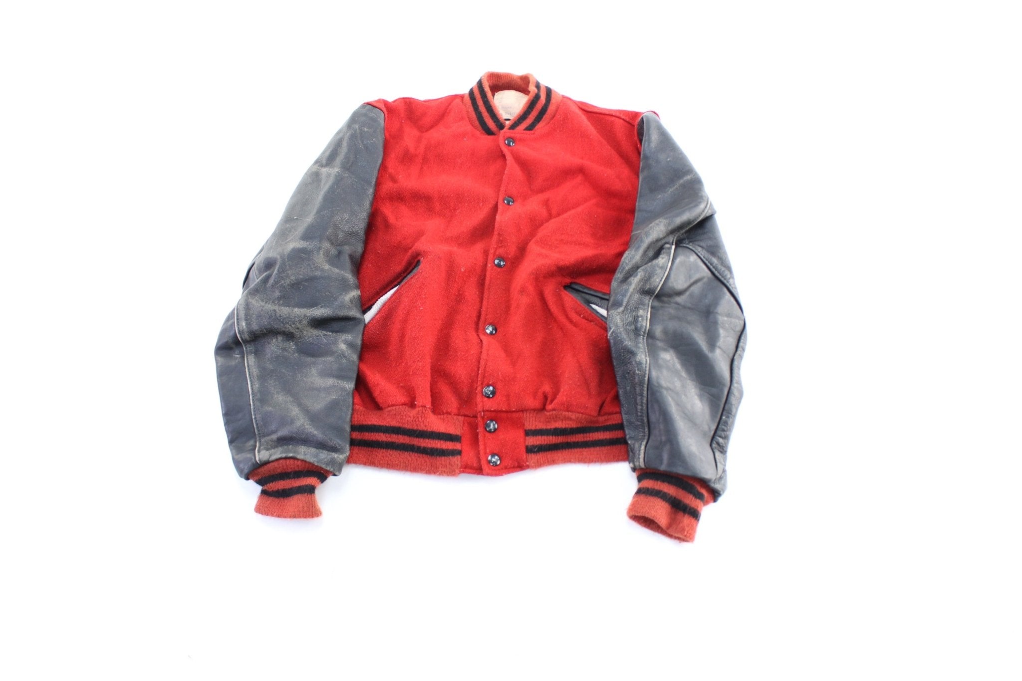 1985 DeLong Sportswear Red & Black Varsity Jacket - ThriftedThreads.com