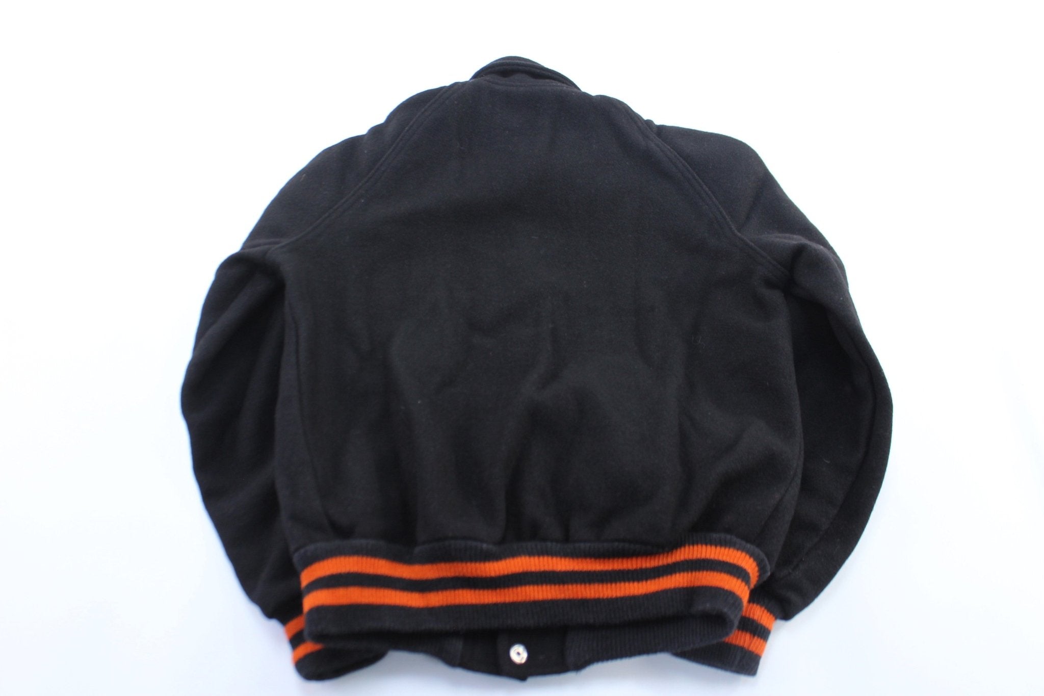 60's Black & Orange Varsity Letterman Jacket - ThriftedThreads.com