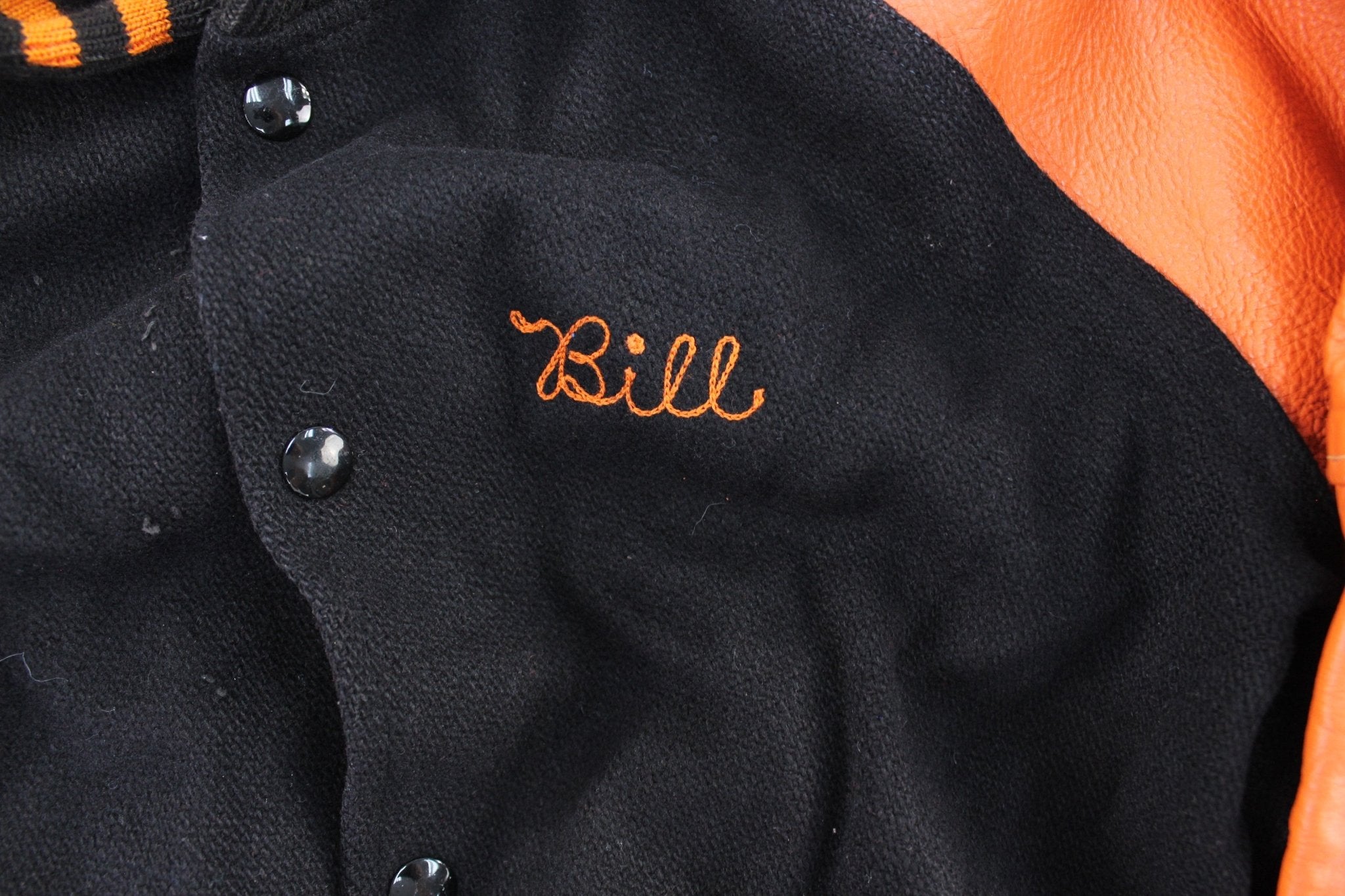80's Black & Orange Varsity Letterman Jacket - ThriftedThreads.com