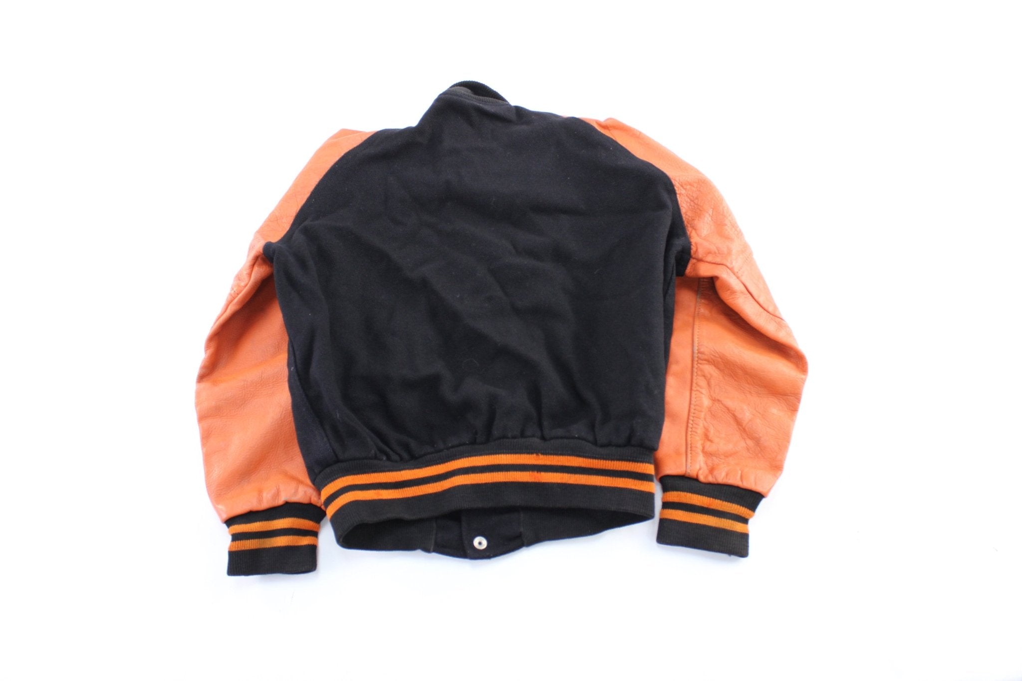 80's Black & Orange Varsity Letterman Jacket - ThriftedThreads.com