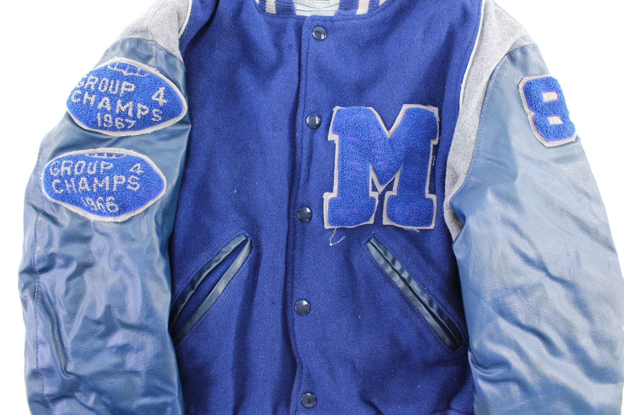 80's Naugalite Blue & Grey Varsity Letterman Jacket - ThriftedThreads.com