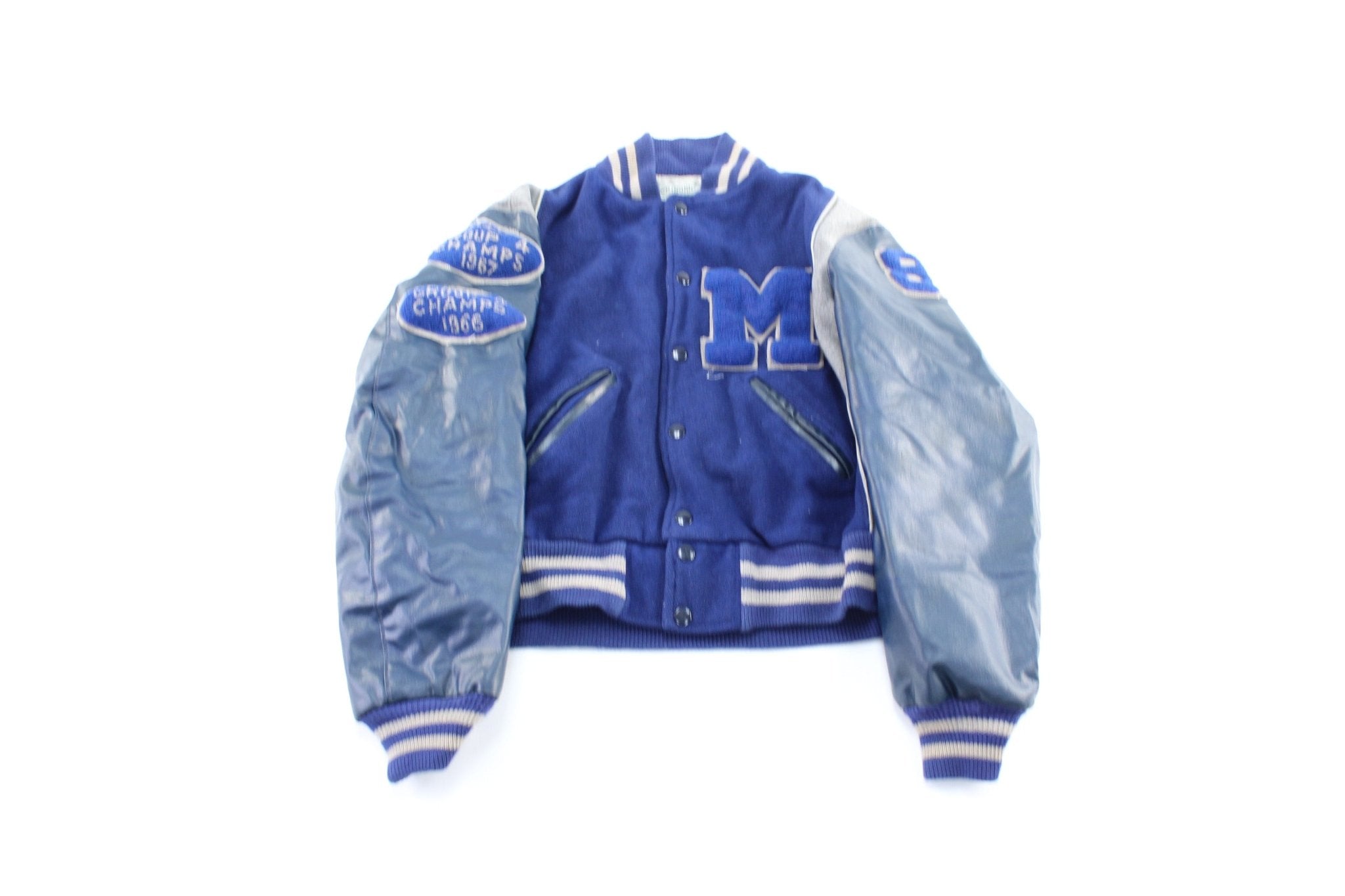 80's Naugalite Blue & Grey Varsity Letterman Jacket - ThriftedThreads.com