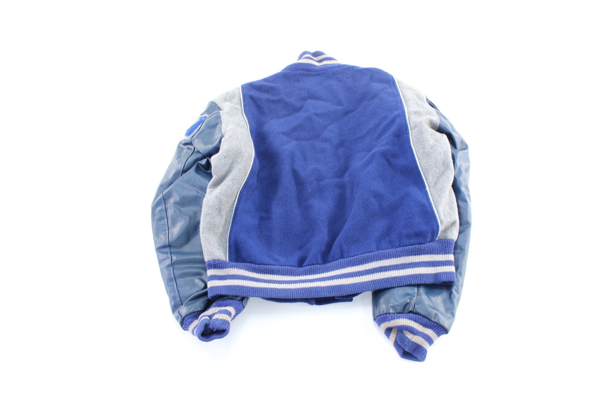 80's Naugalite Blue & Grey Varsity Letterman Jacket - ThriftedThreads.com