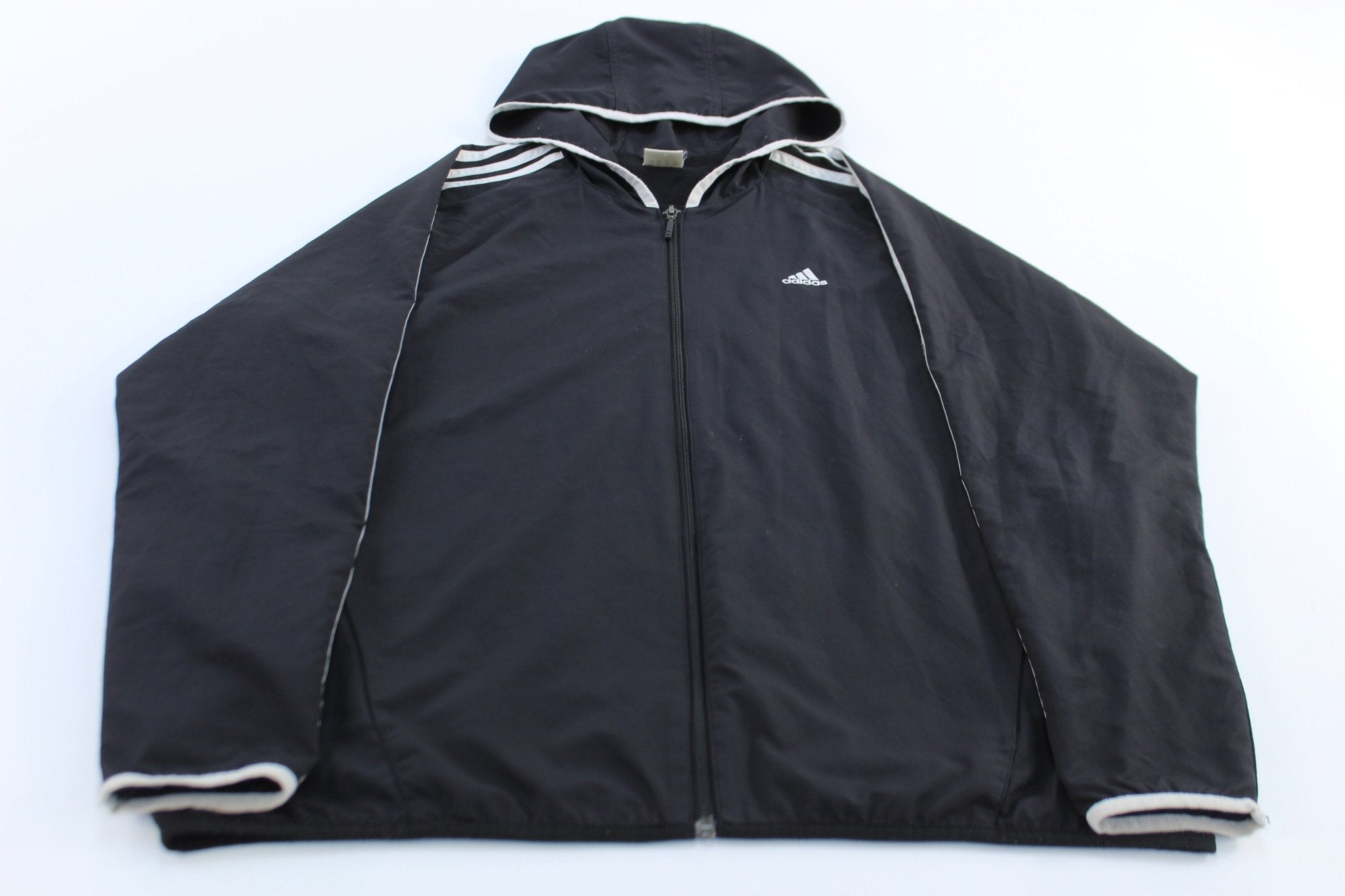 Adidas Embroidered Logo Black & White Striped Zip Up Jacket - ThriftedThreads.com