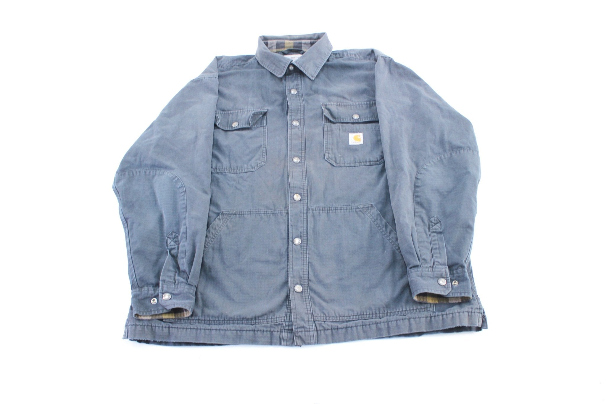 Carhartt Logo Patch Black Flannel Button Down Shirt - ThriftedThreads.com