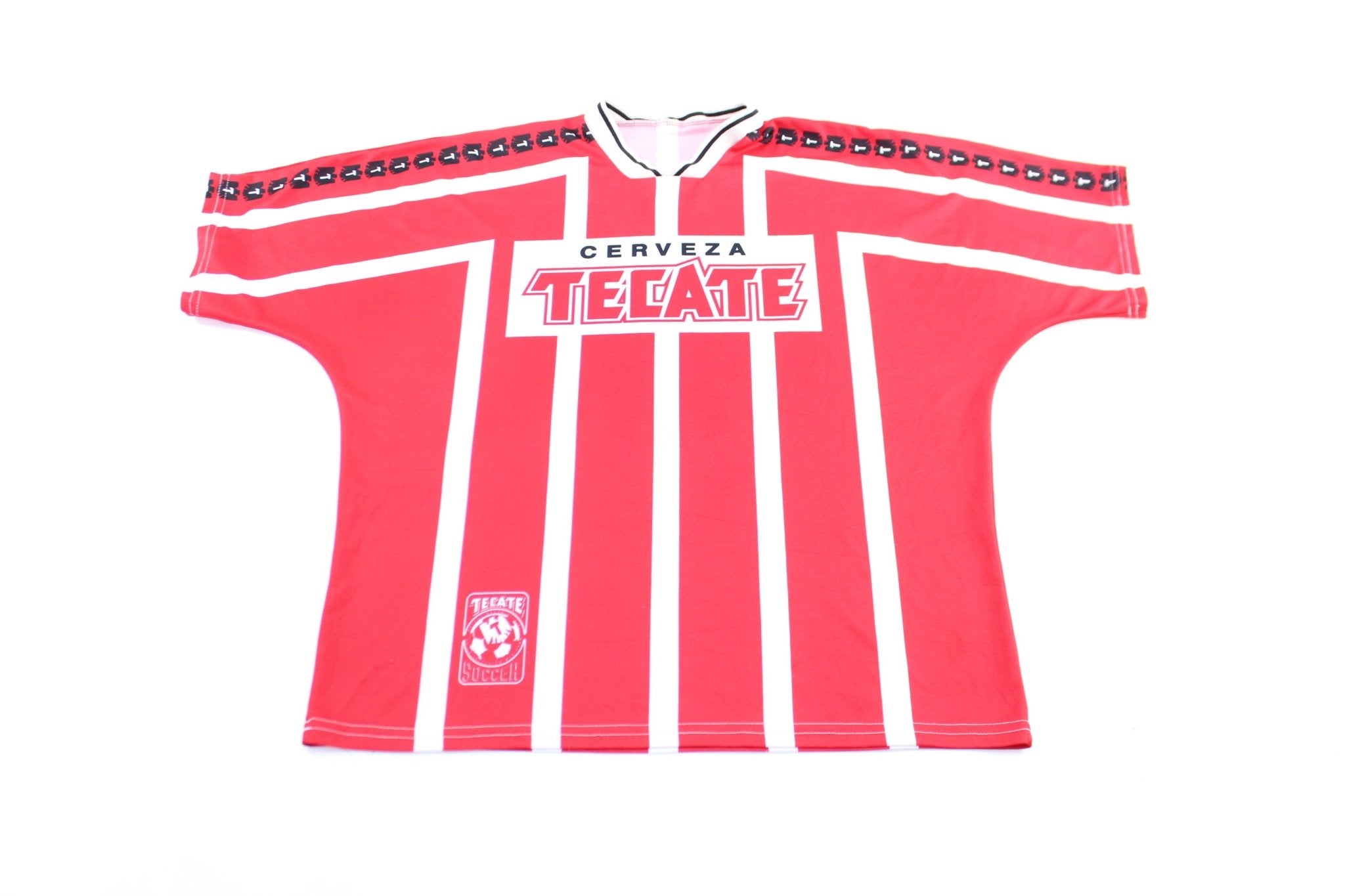 Cervaze Tecate Logo Mexico Red & White Striped Soccer Jersey - ThriftedThreads.com
