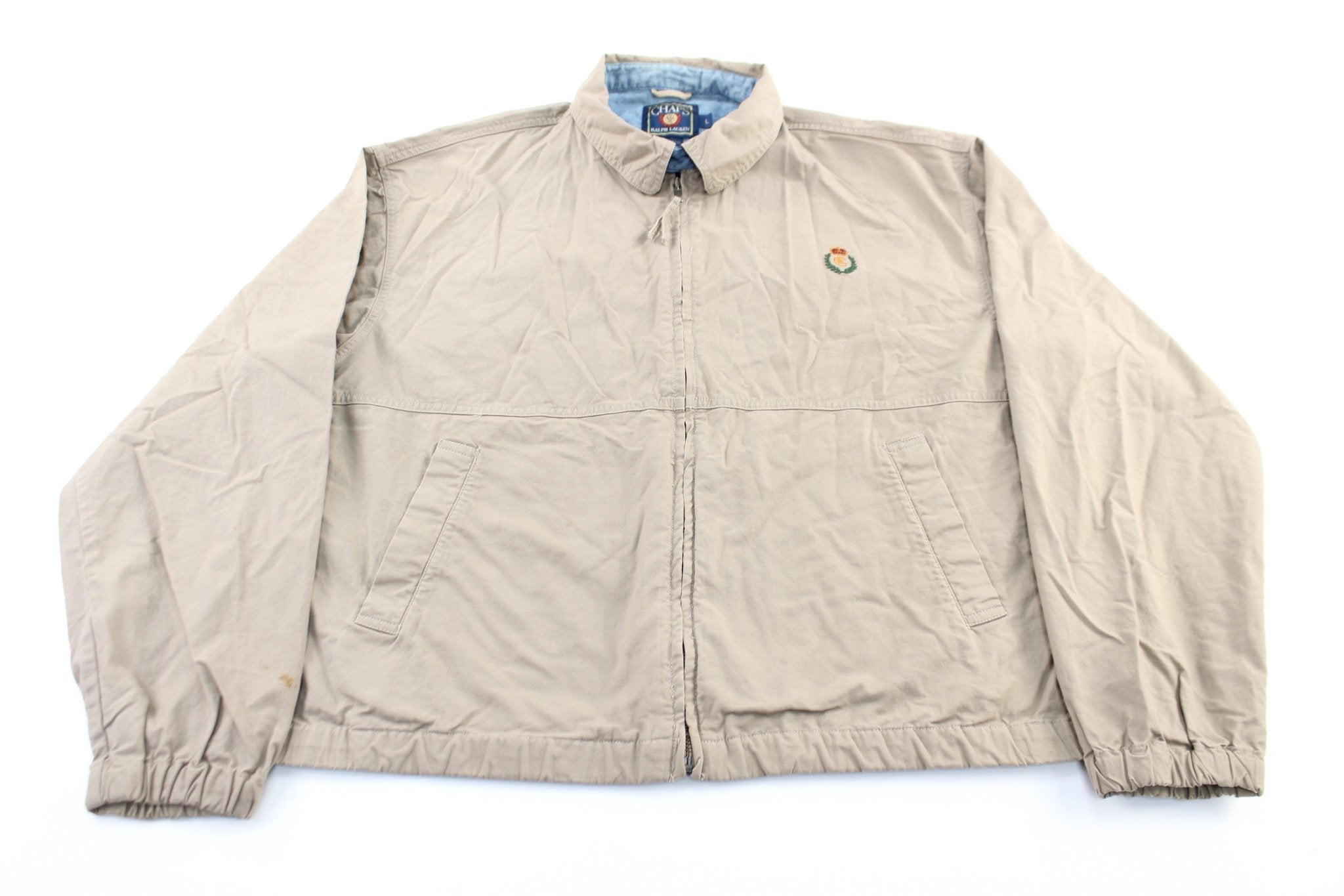 Chaps Ralph Lauren Embroidered Logo Tan Zip Up Jacket - ThriftedThreads.com