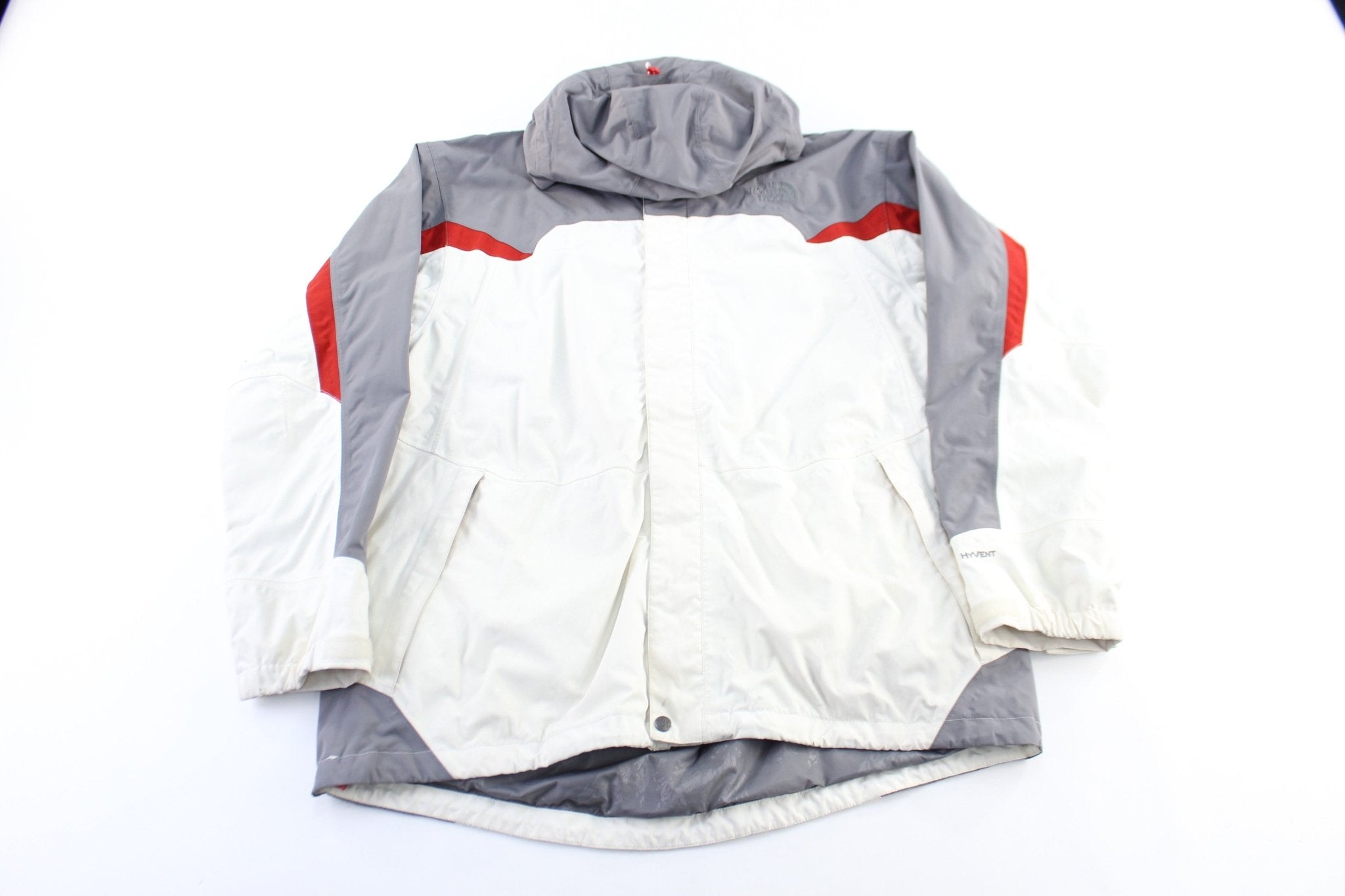 The North Face Embroidered Logo White, Grey & Red Zip Up Jacket - ThriftedThreads.com