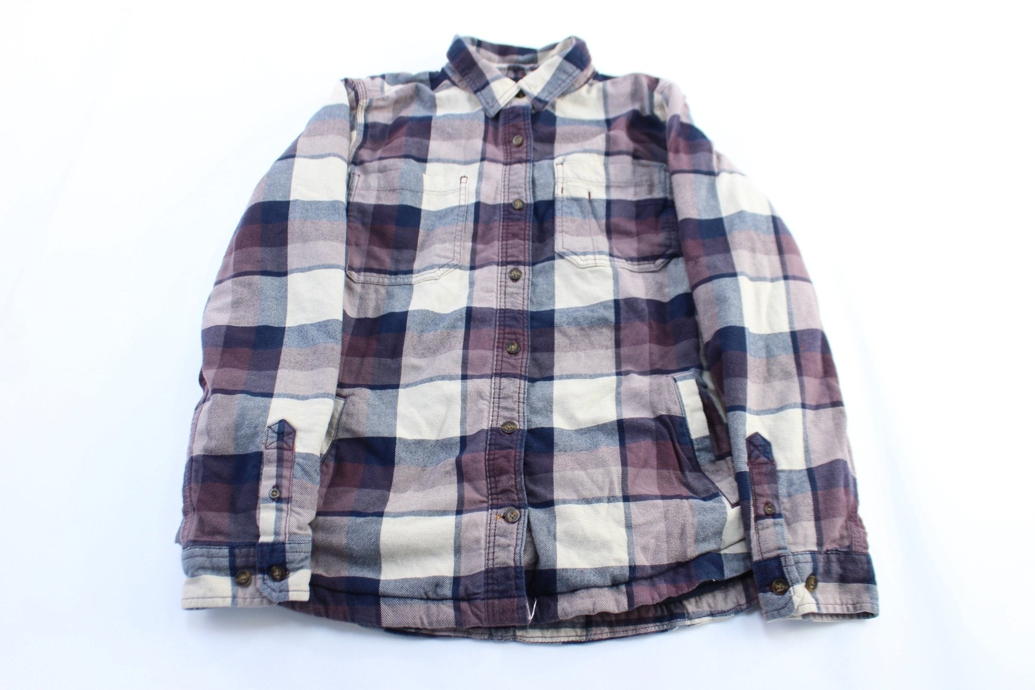 Women's Carhartt White & Purple Plaid LS Button Down Flannel - ThriftedThreads.com
