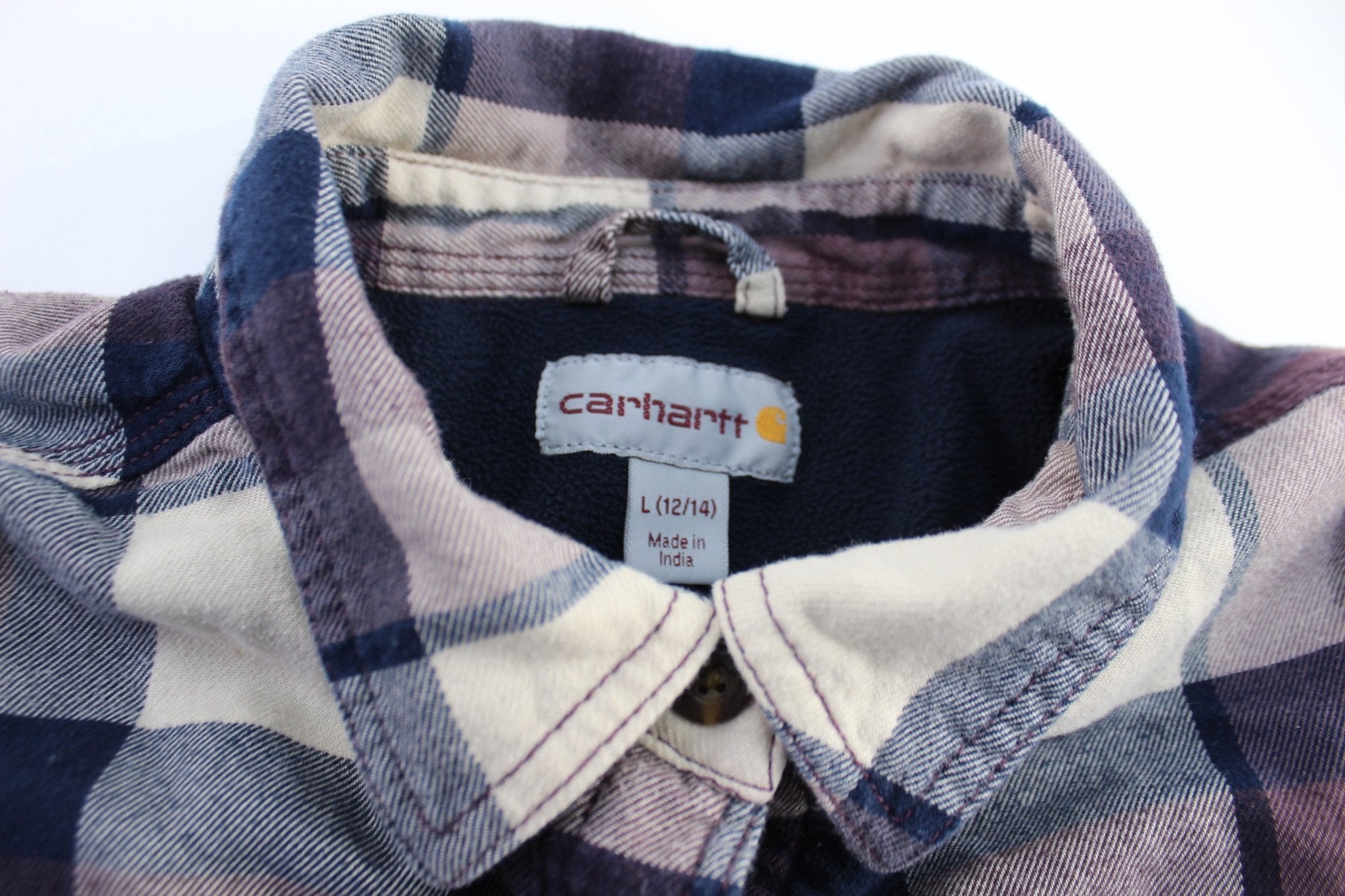 Women's Carhartt White & Purple Plaid LS Button Down Flannel - ThriftedThreads.com
