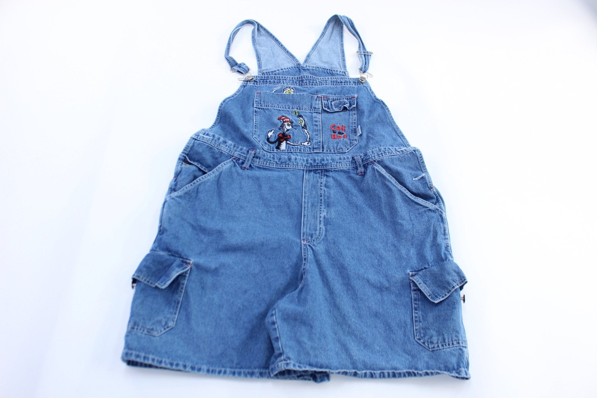 Women's Dr. Seuss Embroidered Cat In The Hat Denim Overalls - ThriftedThreads.com