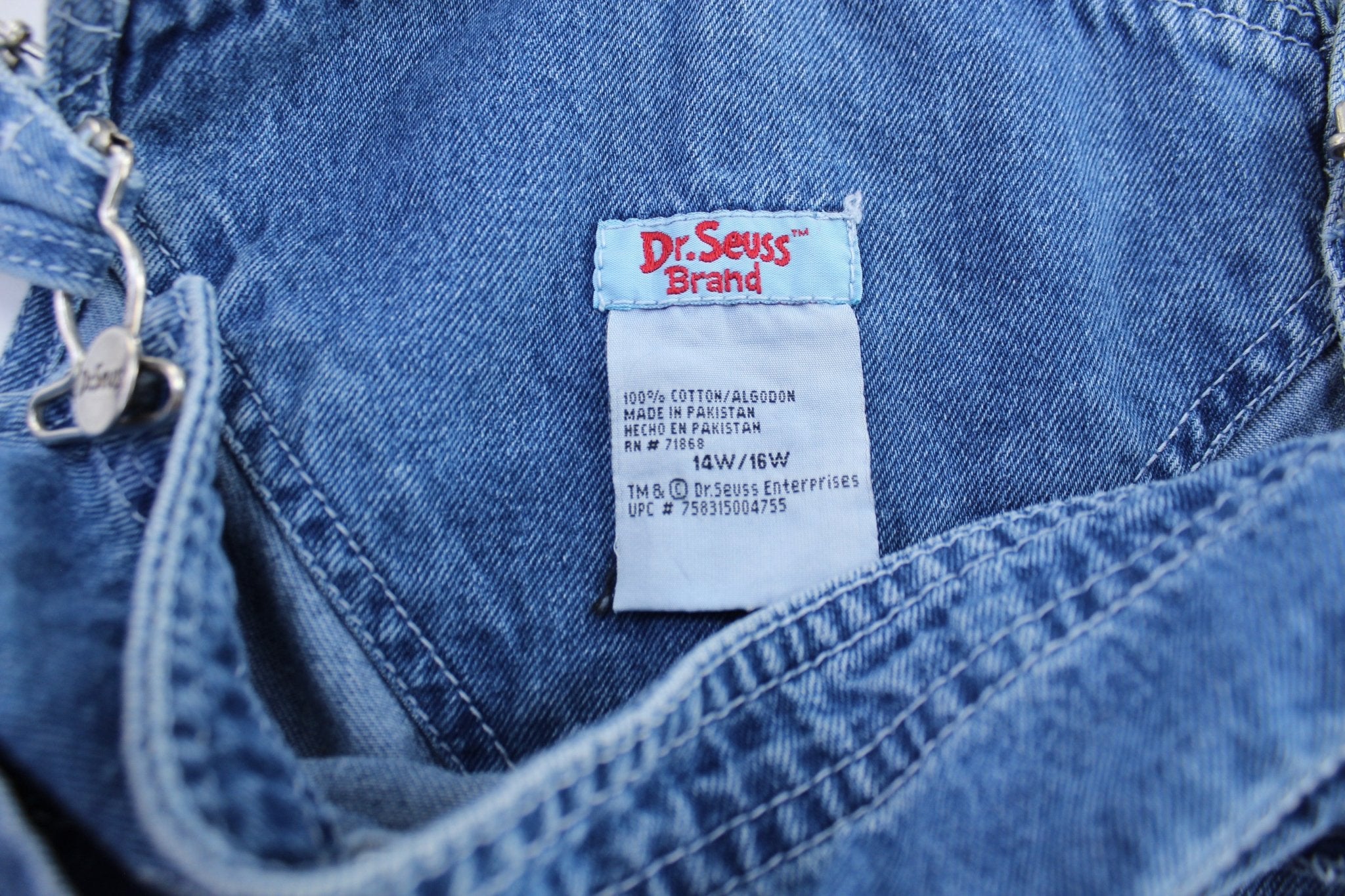 Women's Dr. Seuss Embroidered Cat In The Hat Denim Overalls - ThriftedThreads.com