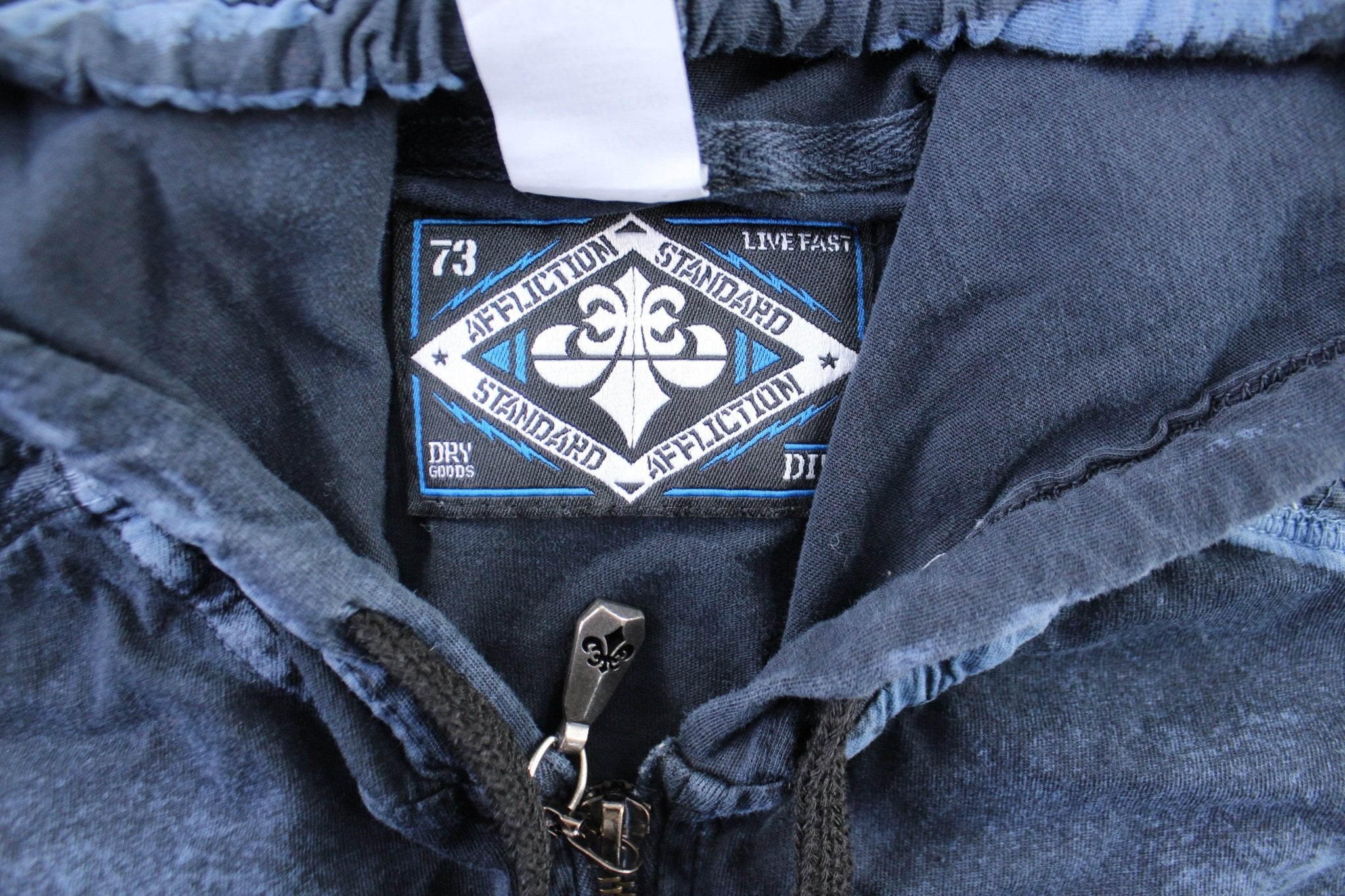 Y2K Affliction Embroidered Blue Zip Up Hoodie - ThriftedThreads.com