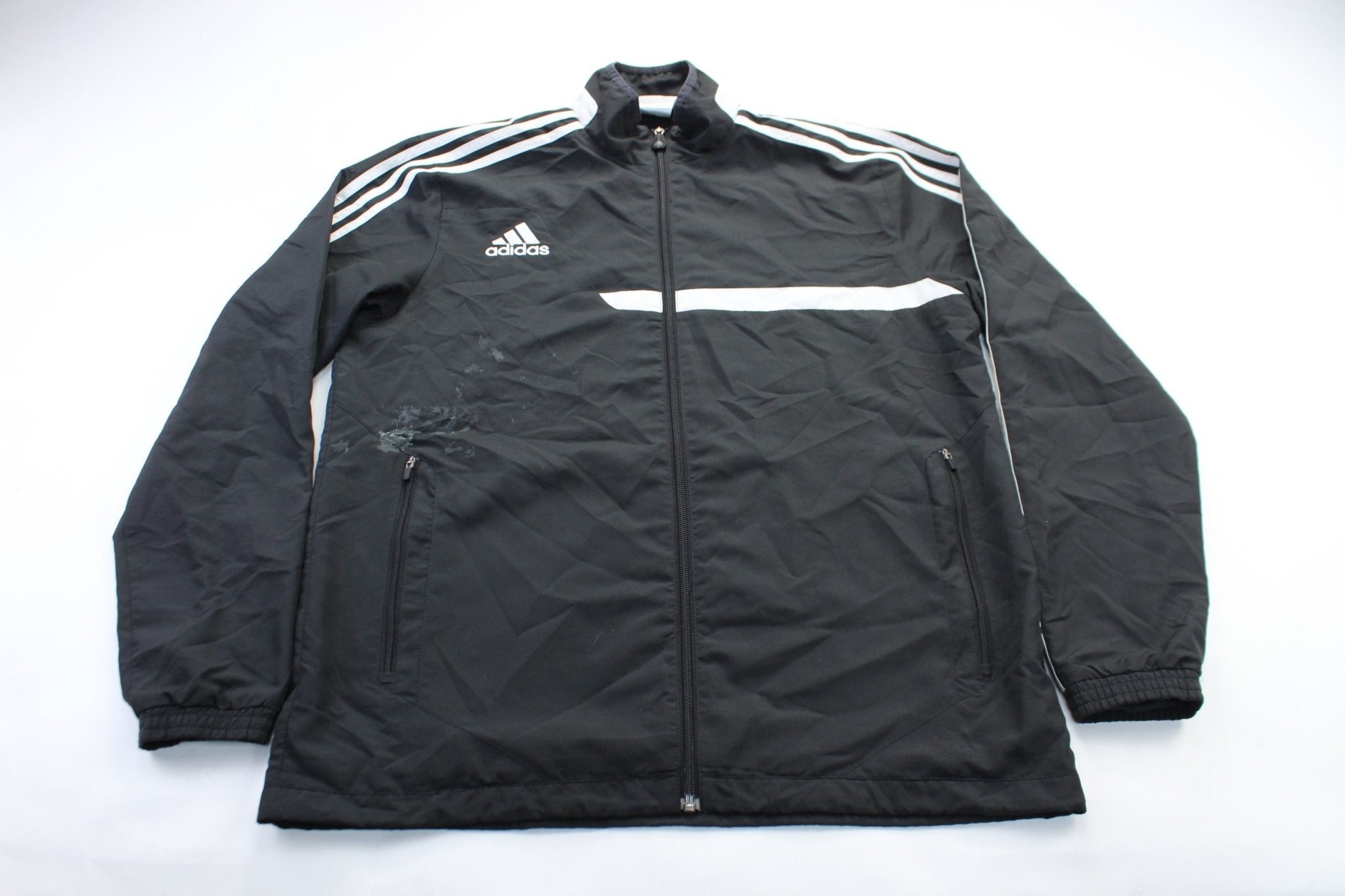 Adidas Embroidered Logo Black & White Striped Jacket - ThriftedThreads.com