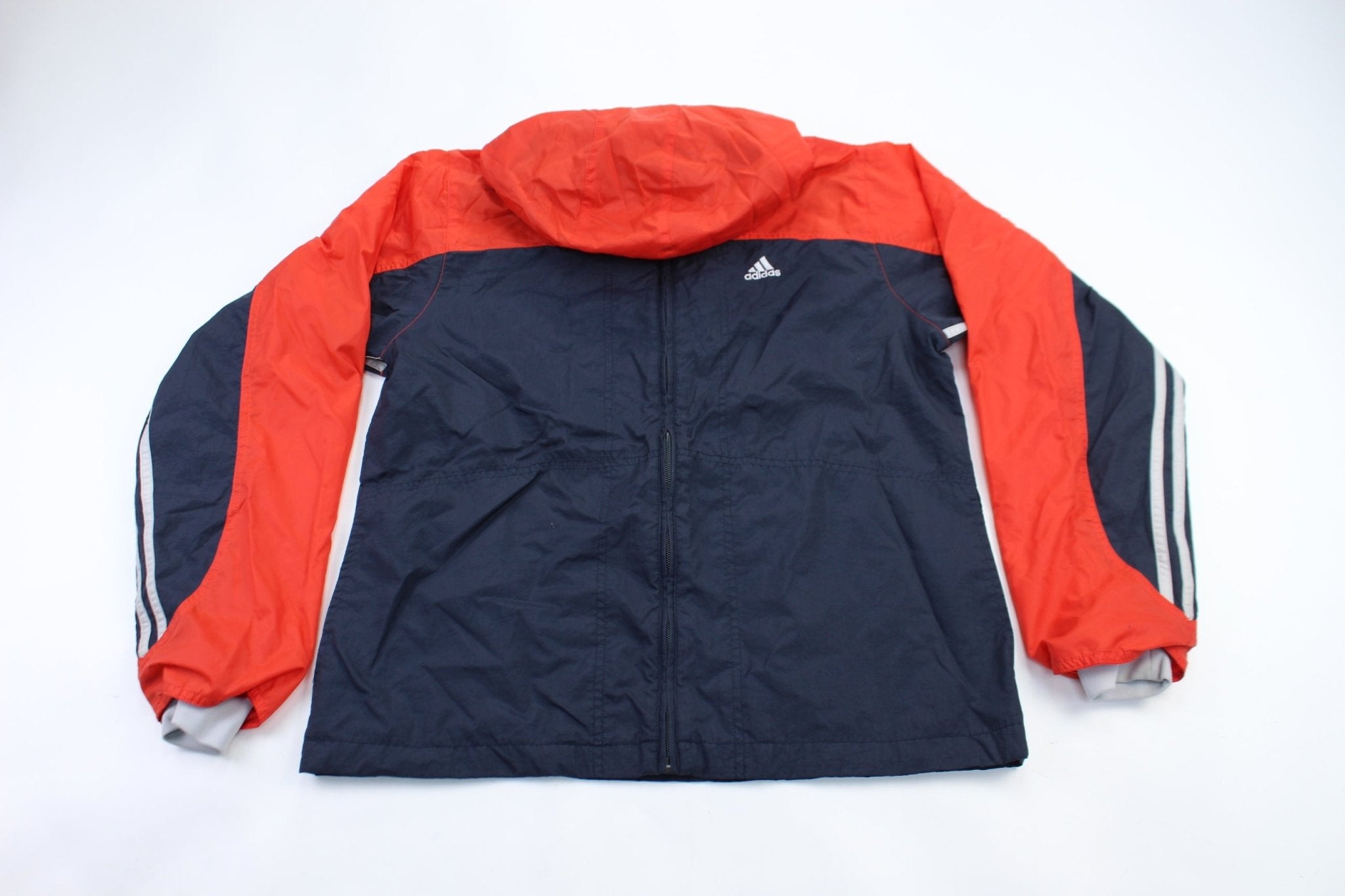 Adidas Embroidered Logo Red & Navy Blue Striped Jacket - ThriftedThreads.com