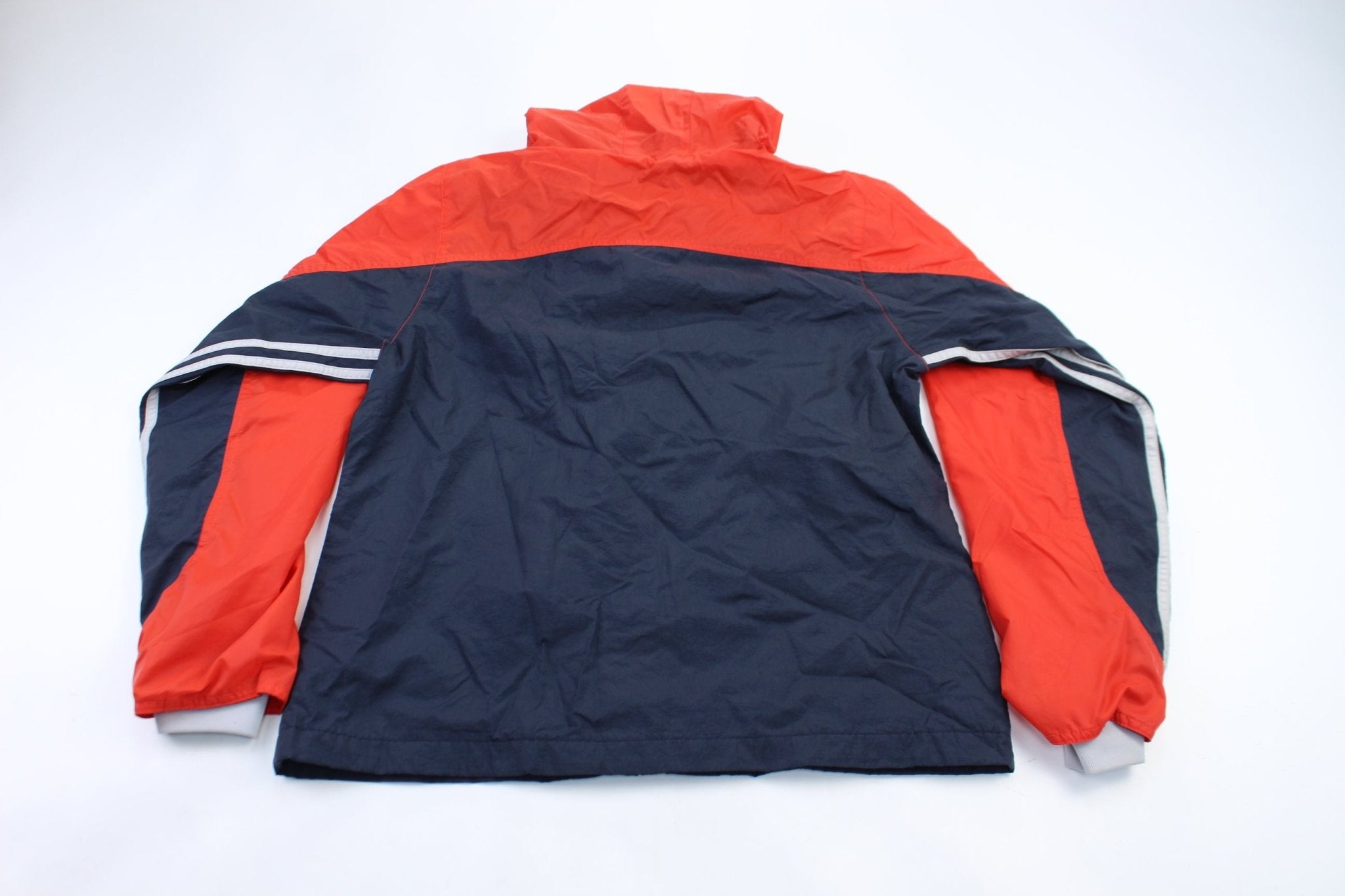 Adidas Embroidered Logo Red & Navy Blue Striped Jacket - ThriftedThreads.com