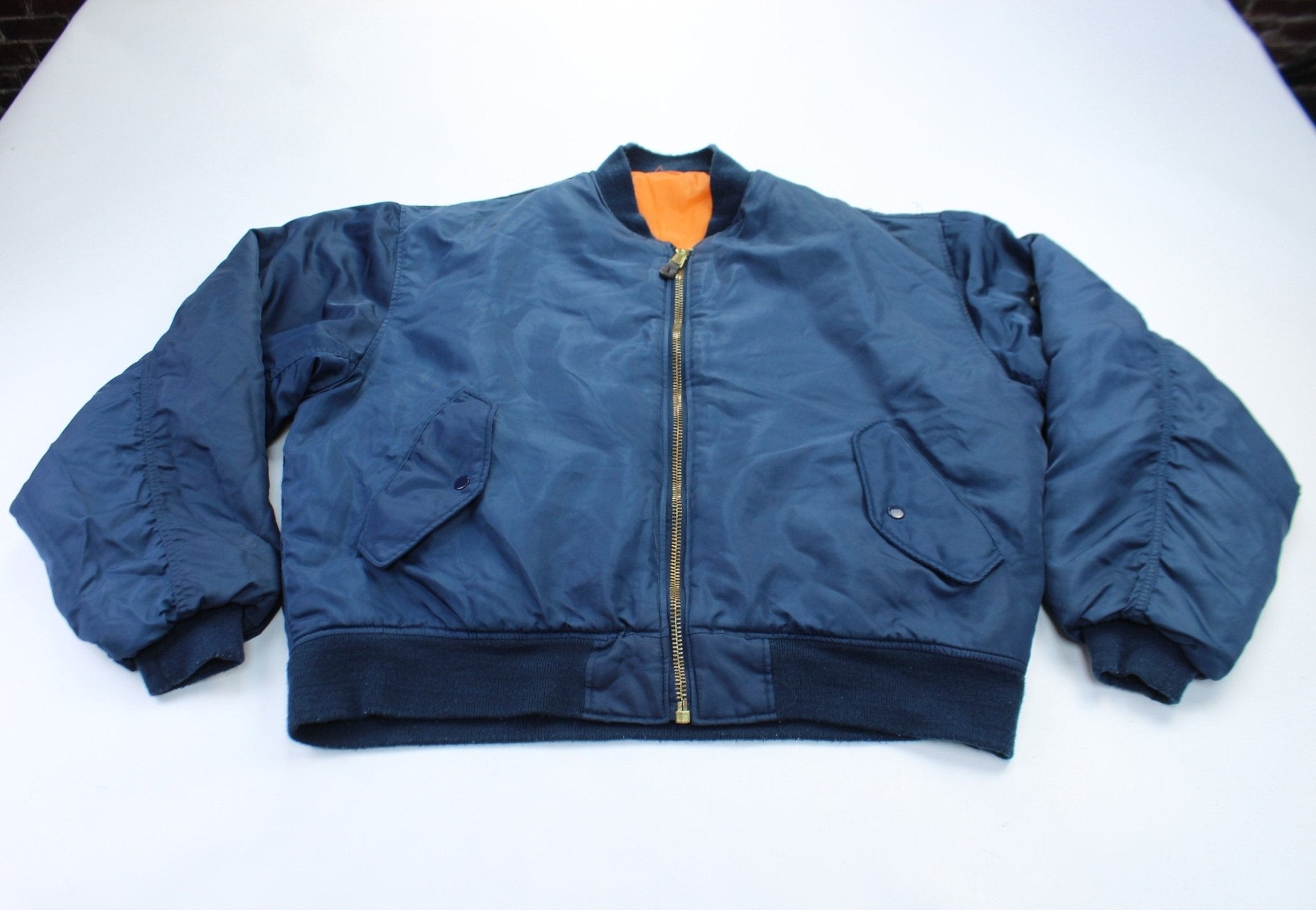 Navy Blue & Orange Reversible Flight Bomber Jacket - ThriftedThreads.com