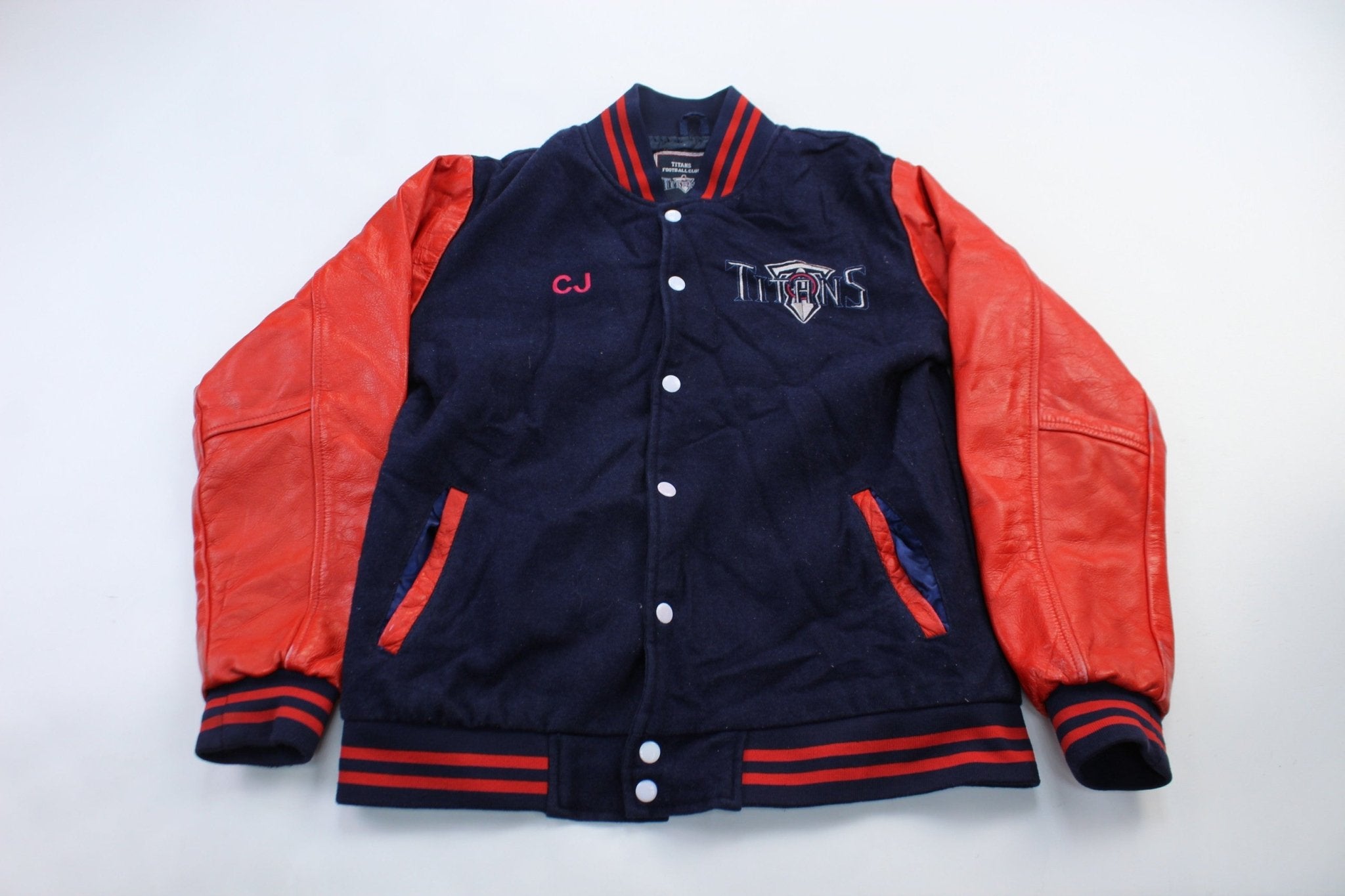 Titans Football Club Orange & Navy Blue Varsity Embroidered Jacket - ThriftedThreads.com