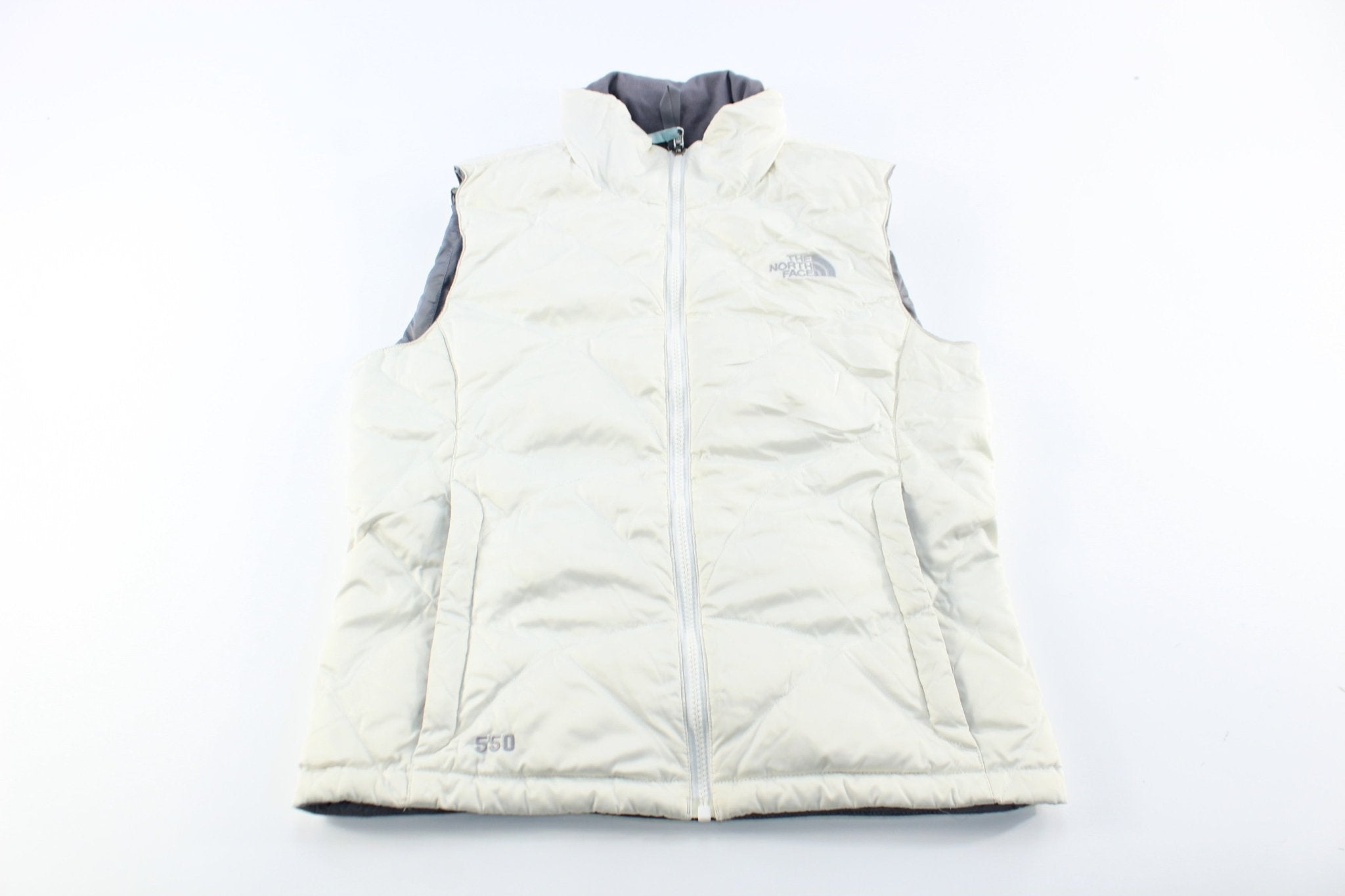Women's The North Face 550 White Puffer Zip Up Vest - ThriftedThreads.com