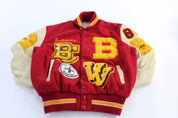 1986 Red & Cream Embroidered Letterman Varsity Jacket - ThriftedThreads.com