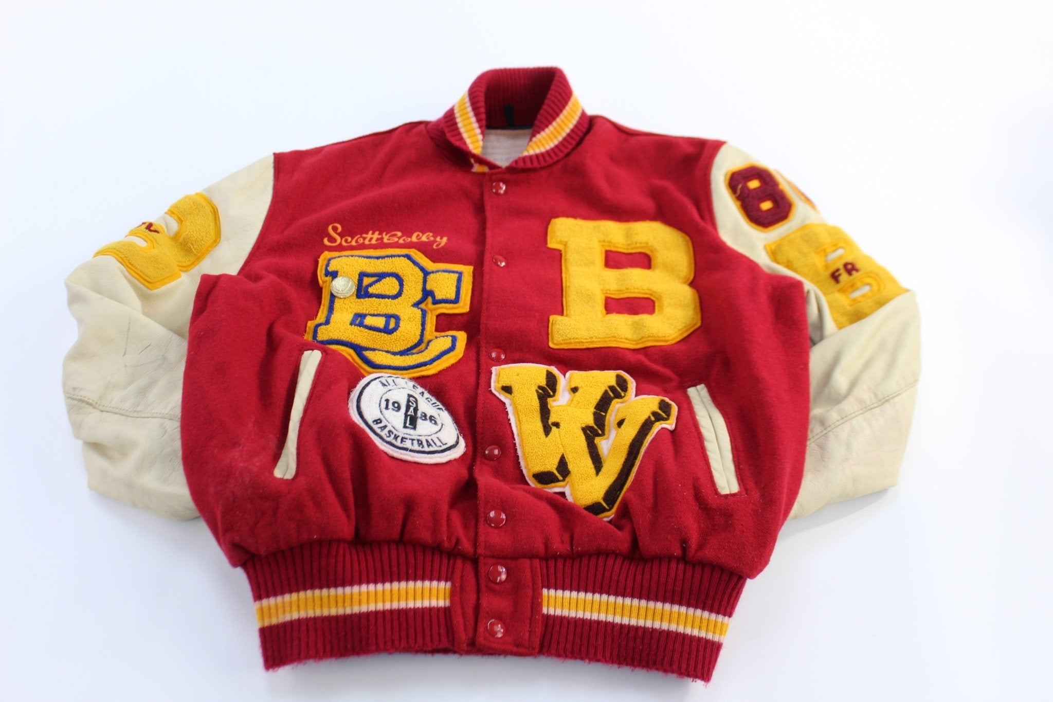 1986 Red & Cream Embroidered Letterman Varsity Jacket - ThriftedThreads.com
