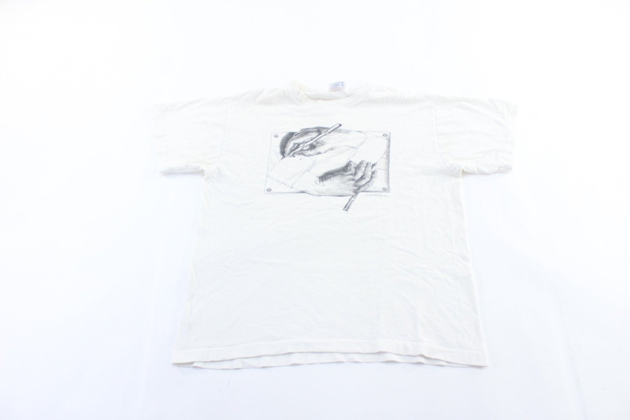 1991 MC Escher Drawing Hands Art T-Shirt - ThriftedThreads.com