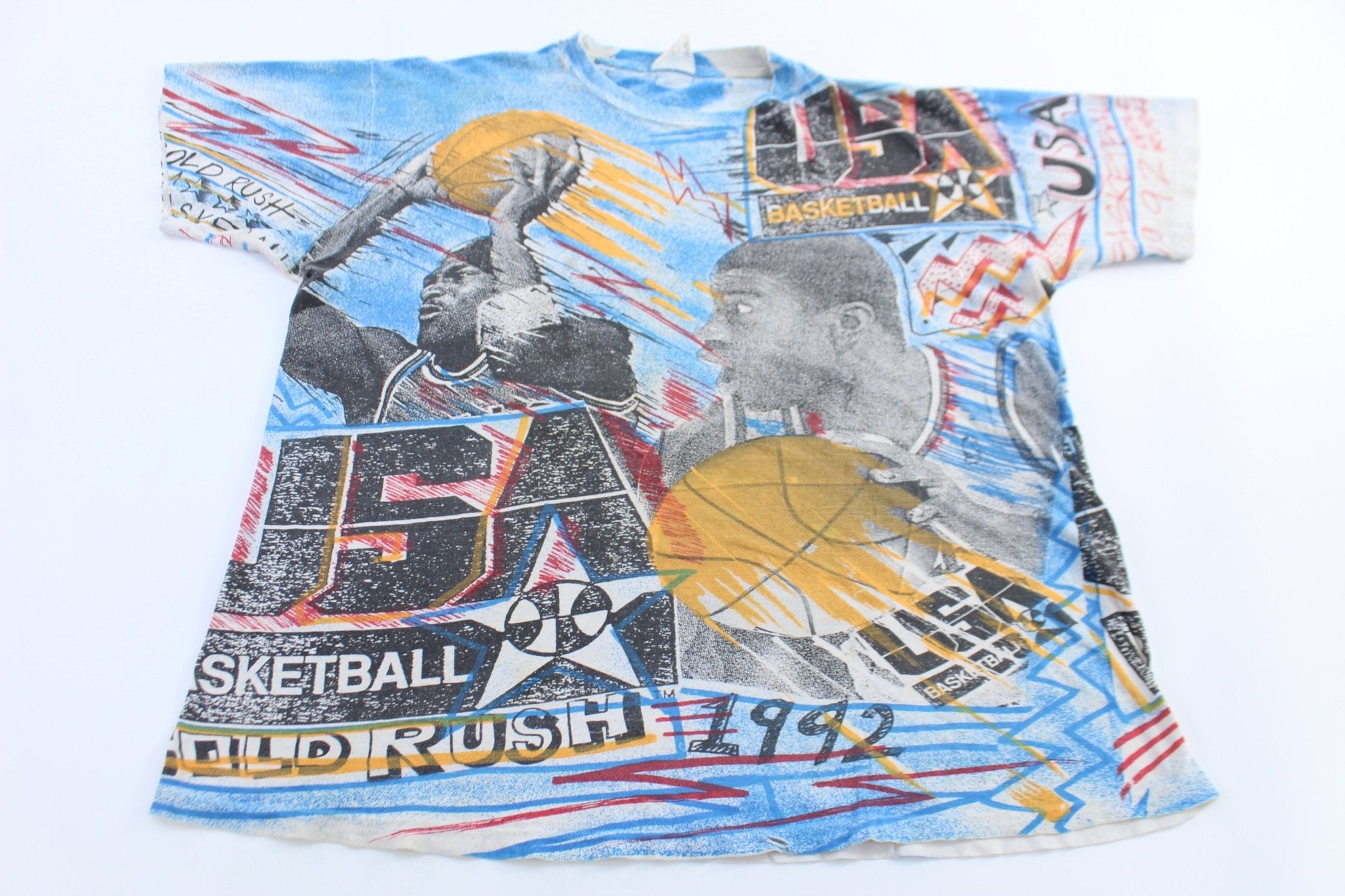1992 USA Dream Team Michael Jordan Magic Johnson All Over Graphic T-shirt - ThriftedThreads.com