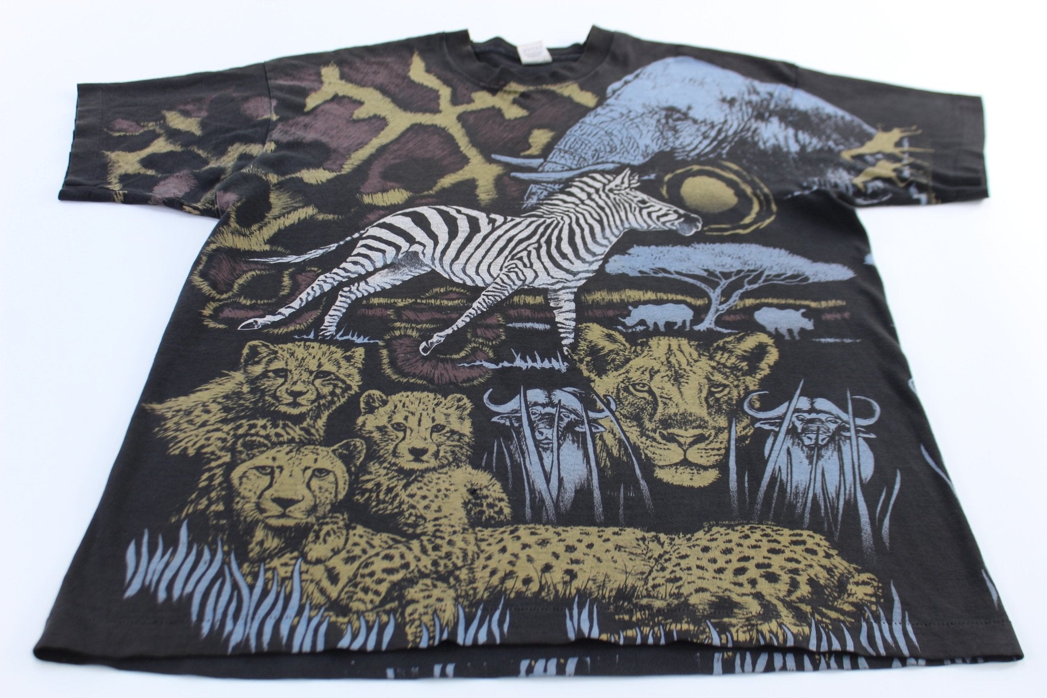 1993 Africa Wildlife All Over Print Harlequin Art T-Shirt - ThriftedThreads.com