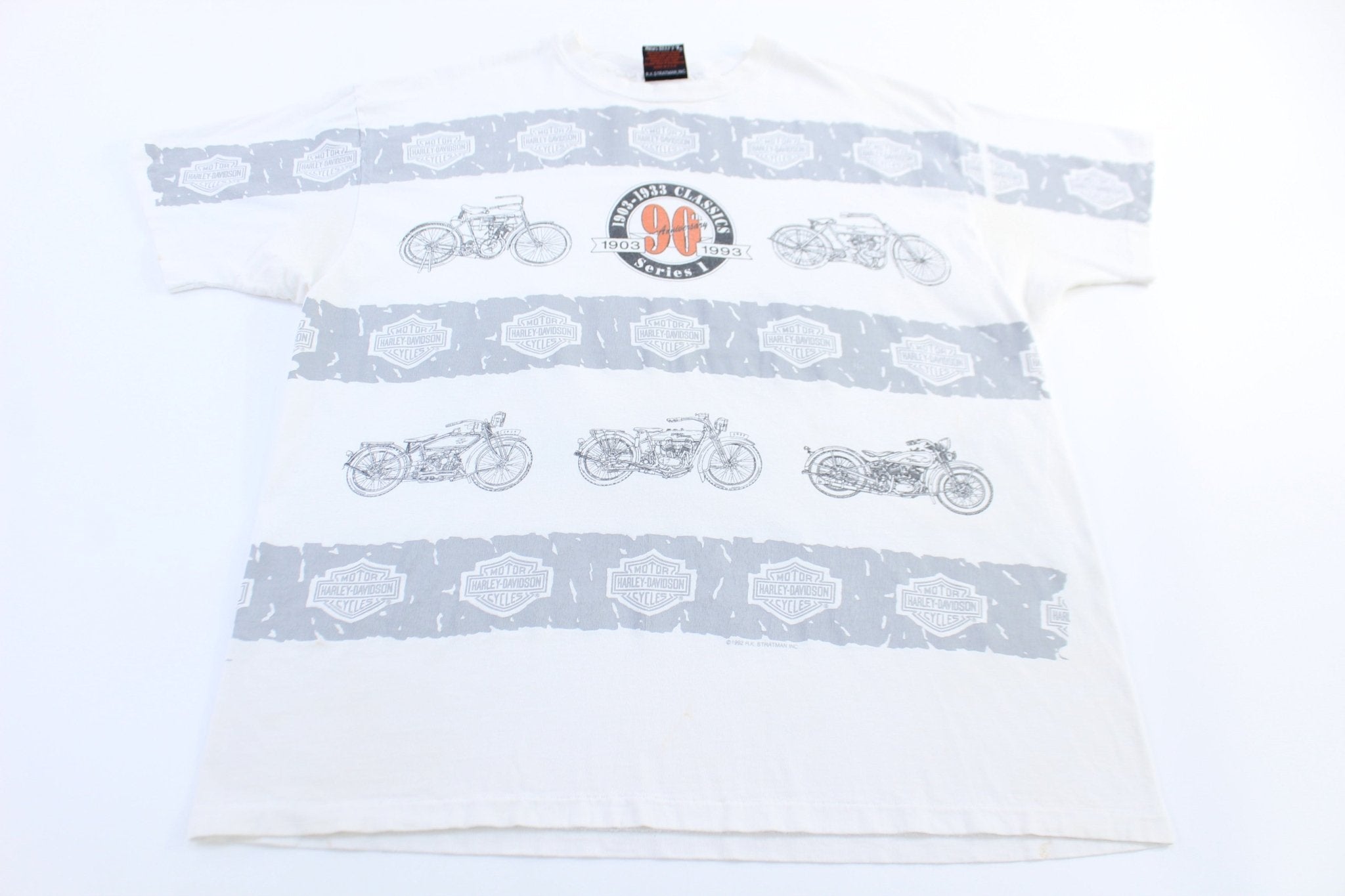 1993 Harley Davidson Motorcycles All Over Graphic T-shirt - ThriftedThreads.com