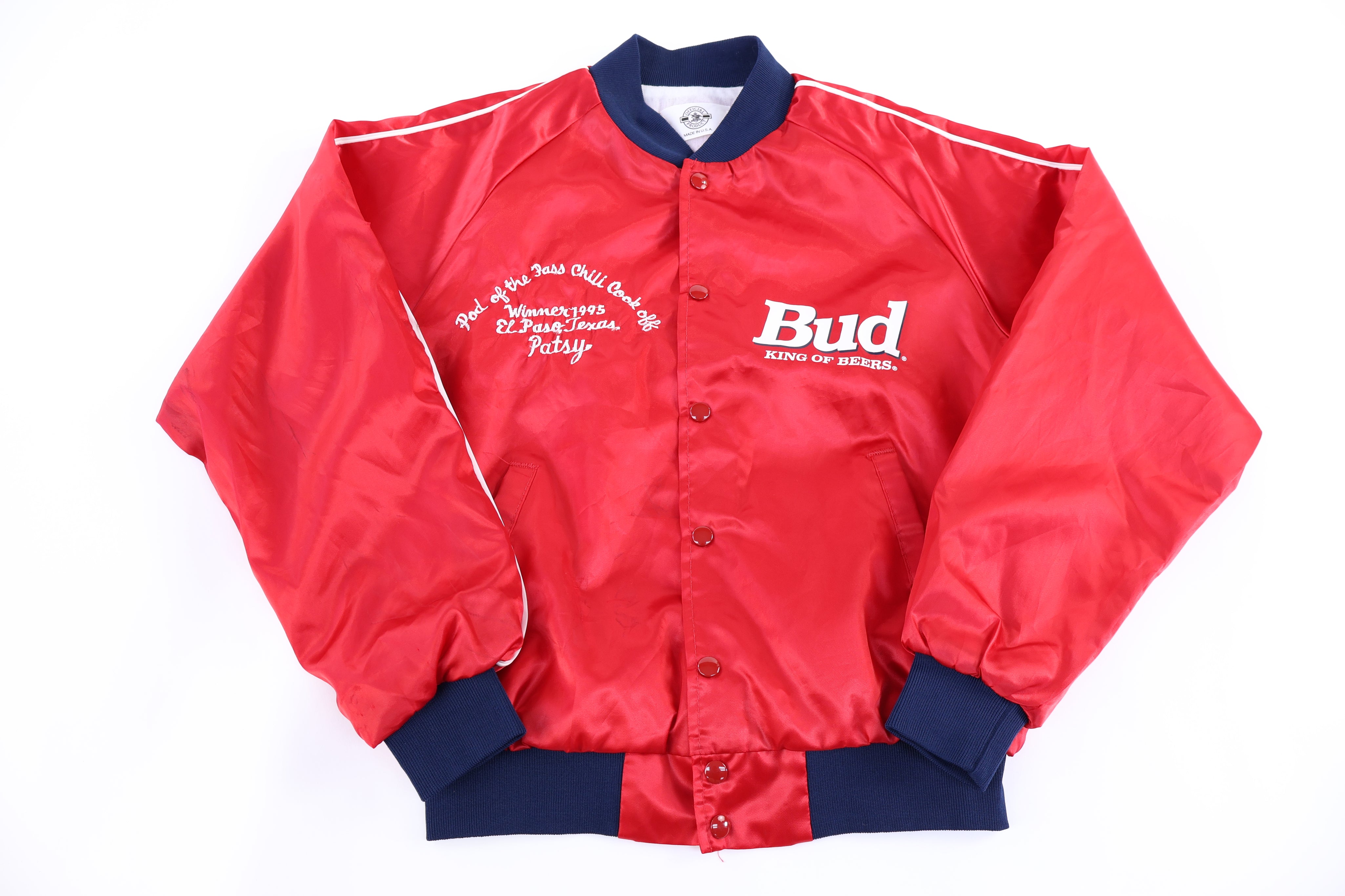 1995 Bud King of Beers Satin Bomber Jacket - Jacket - Thrifted Threads