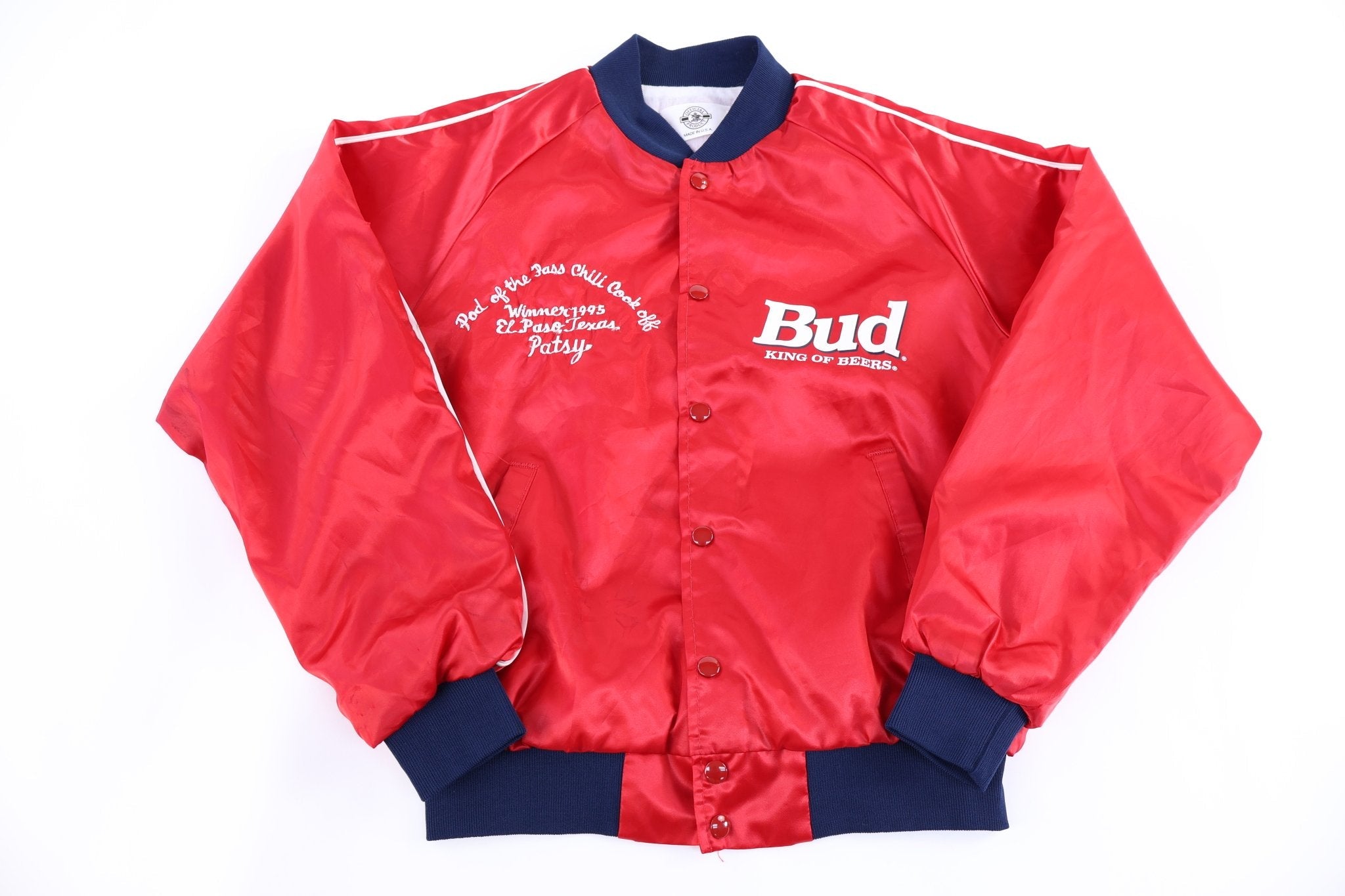 1995 Bud King of Beers Satin Bomber Jacket - Jacket - Thrifted Threads