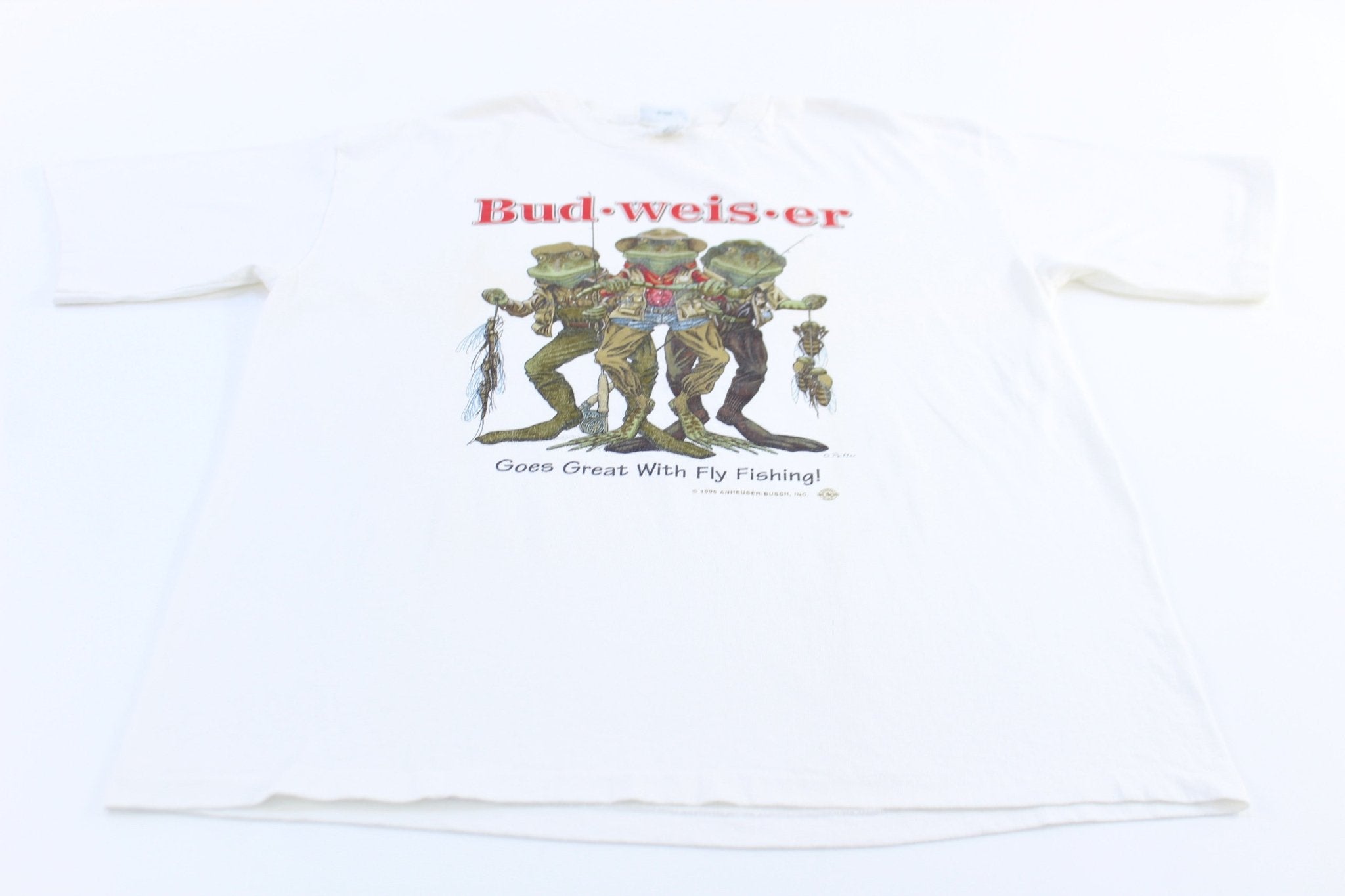 1996 Budweiser Goes Great With Fly Fishing Graphic T-Shirt - ThriftedThreads.com