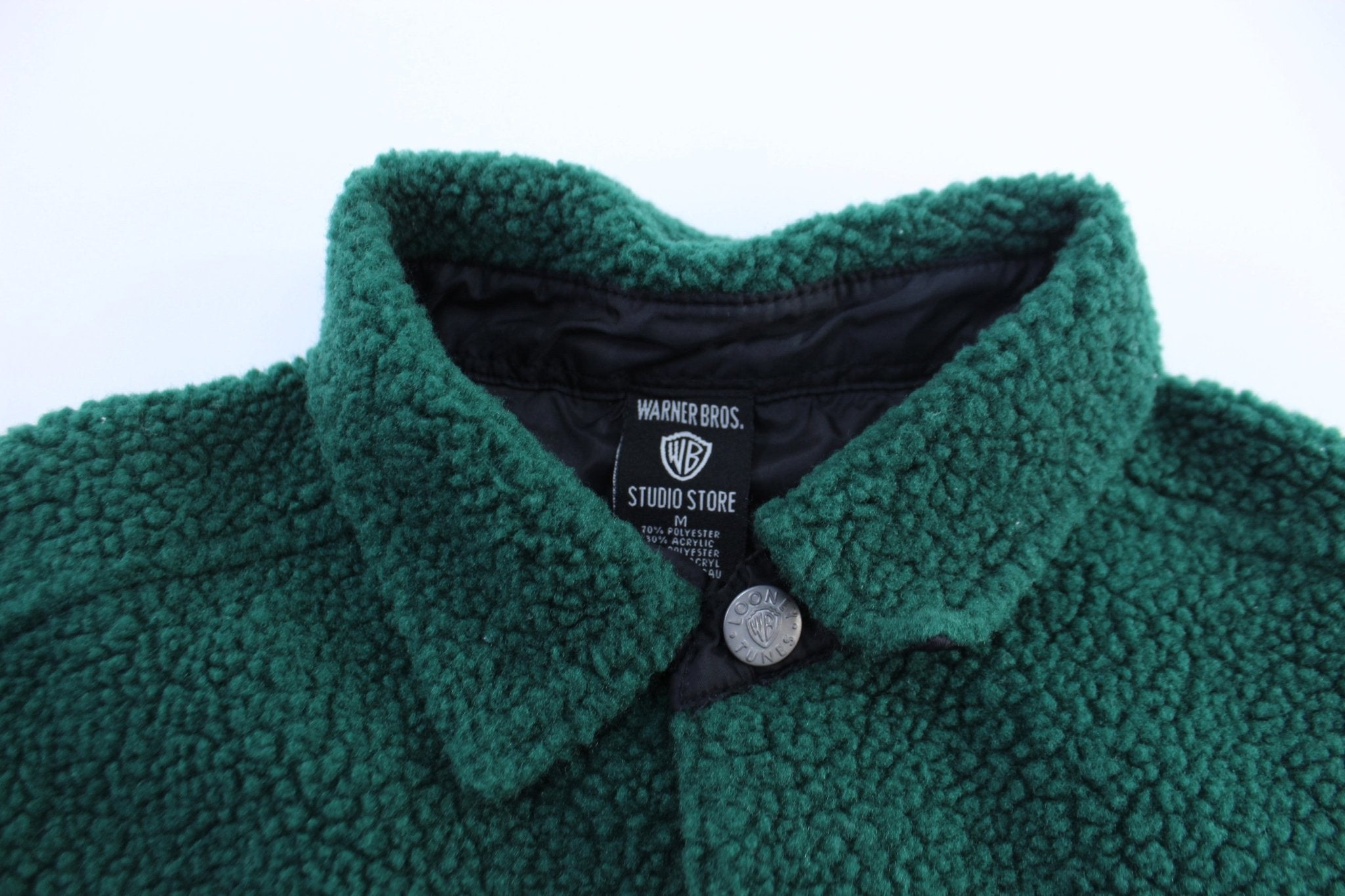 1996 Warner Bros Embroidered Green Sherpa LS Button Down Shirt - ThriftedThreads.com