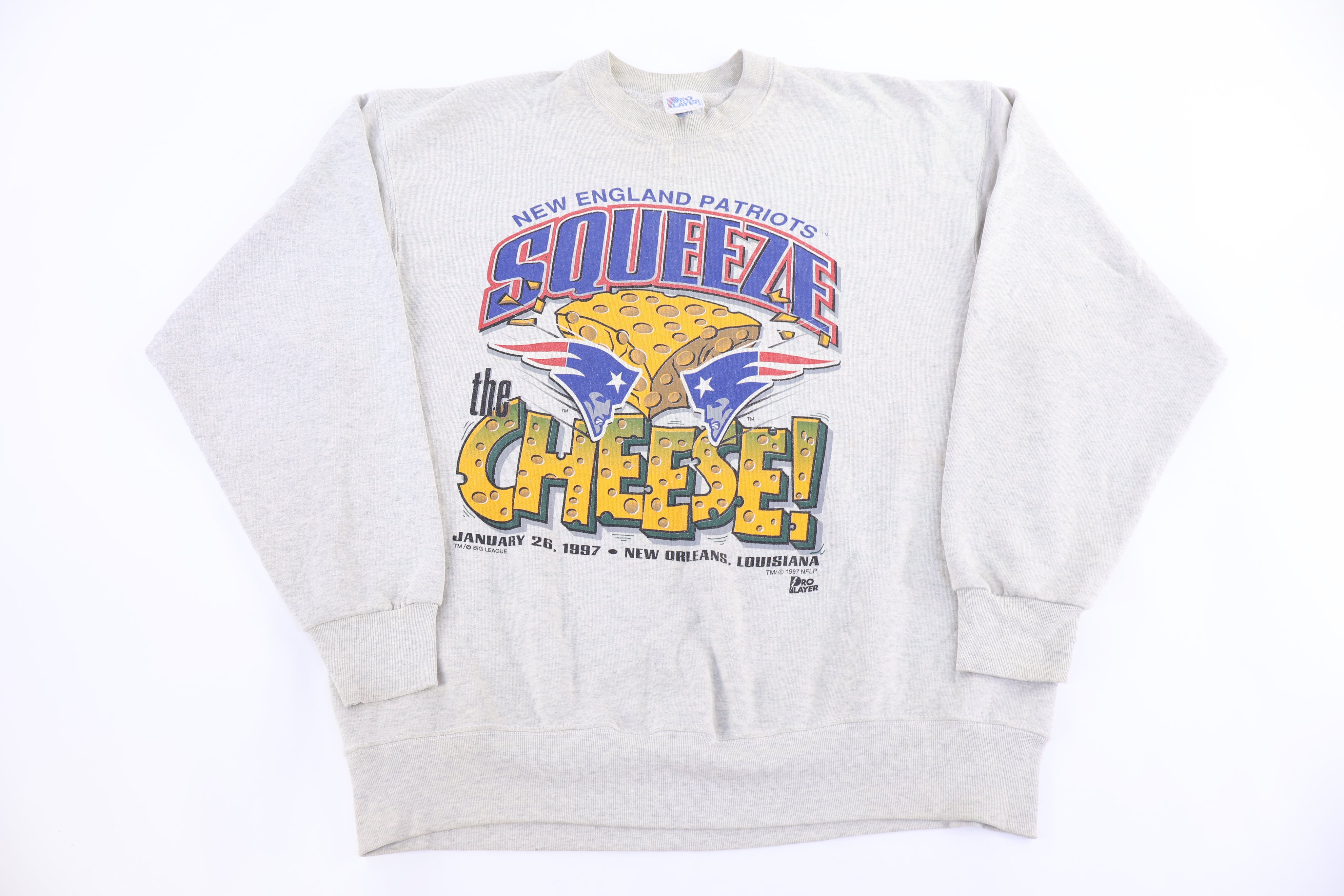1997 New England Patriots Squeeze The Cheese Sweatshirt - Sweatshirt - Thrifted Threads