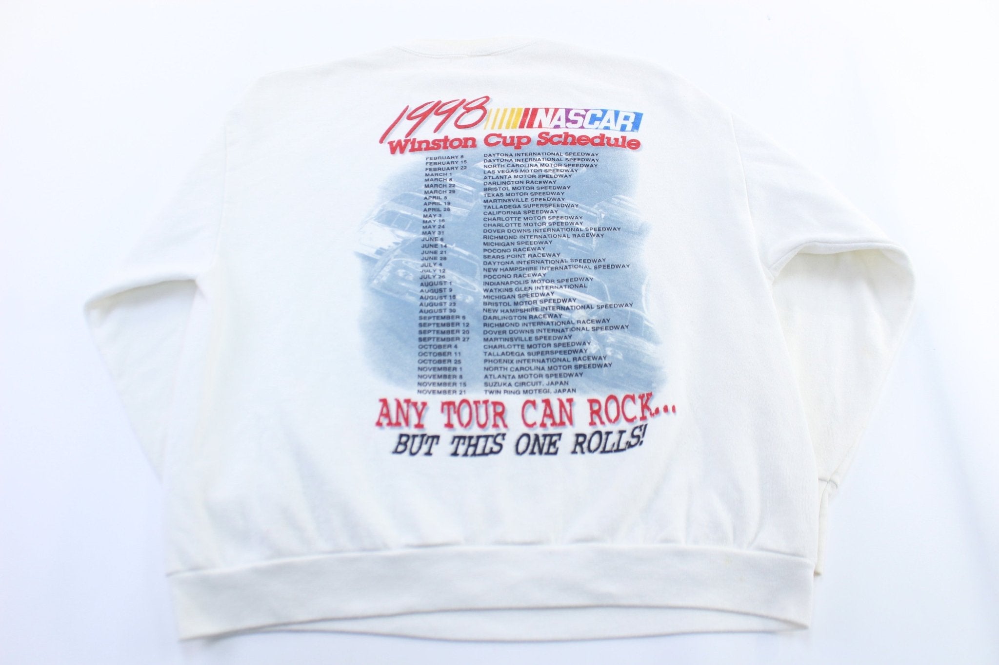 1998 Nascar Winston Cup Scheudle Graphic Sweatshirt - ThriftedThreads.com