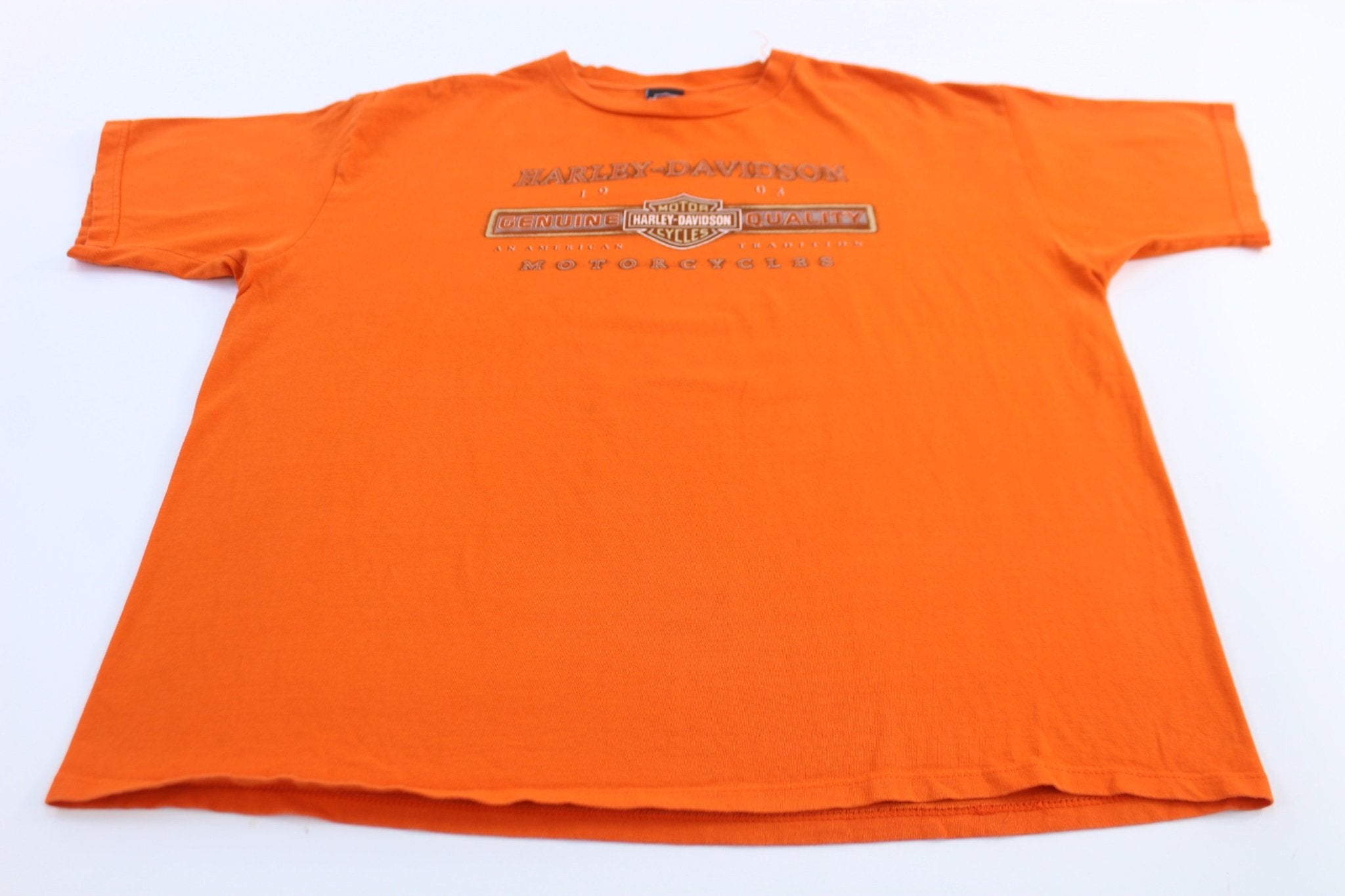 2000 Harley Davidson Motorcycles Raleigh, North Carolina Orange T-Shirt - ThriftedThreads.com