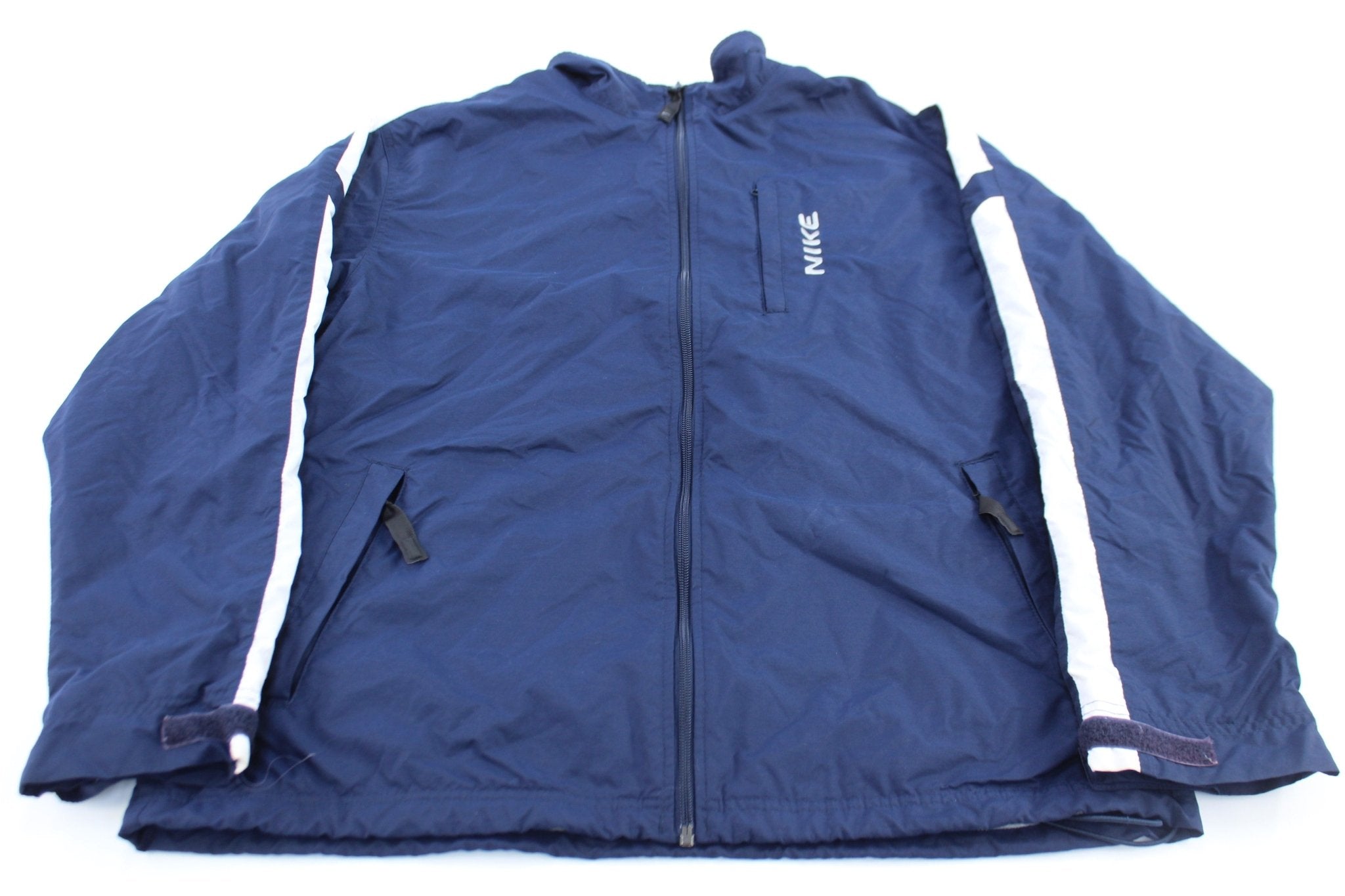 2000's Nike Embroidered Logo Blue & White Striped Zip Up Jacket - ThriftedThreads.com