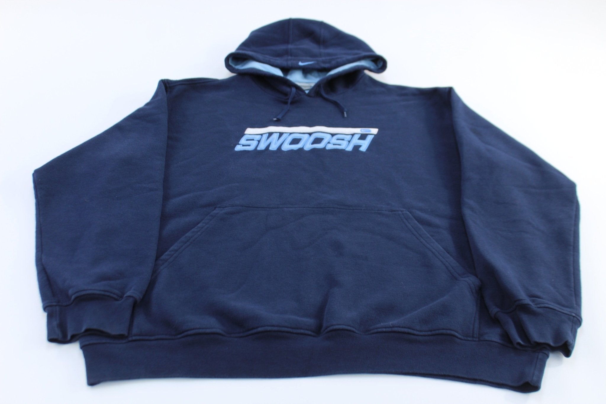 2000's Nike Embroidered Swoosh Spellout Blue Pullover Hoodie - ThriftedThreads.com