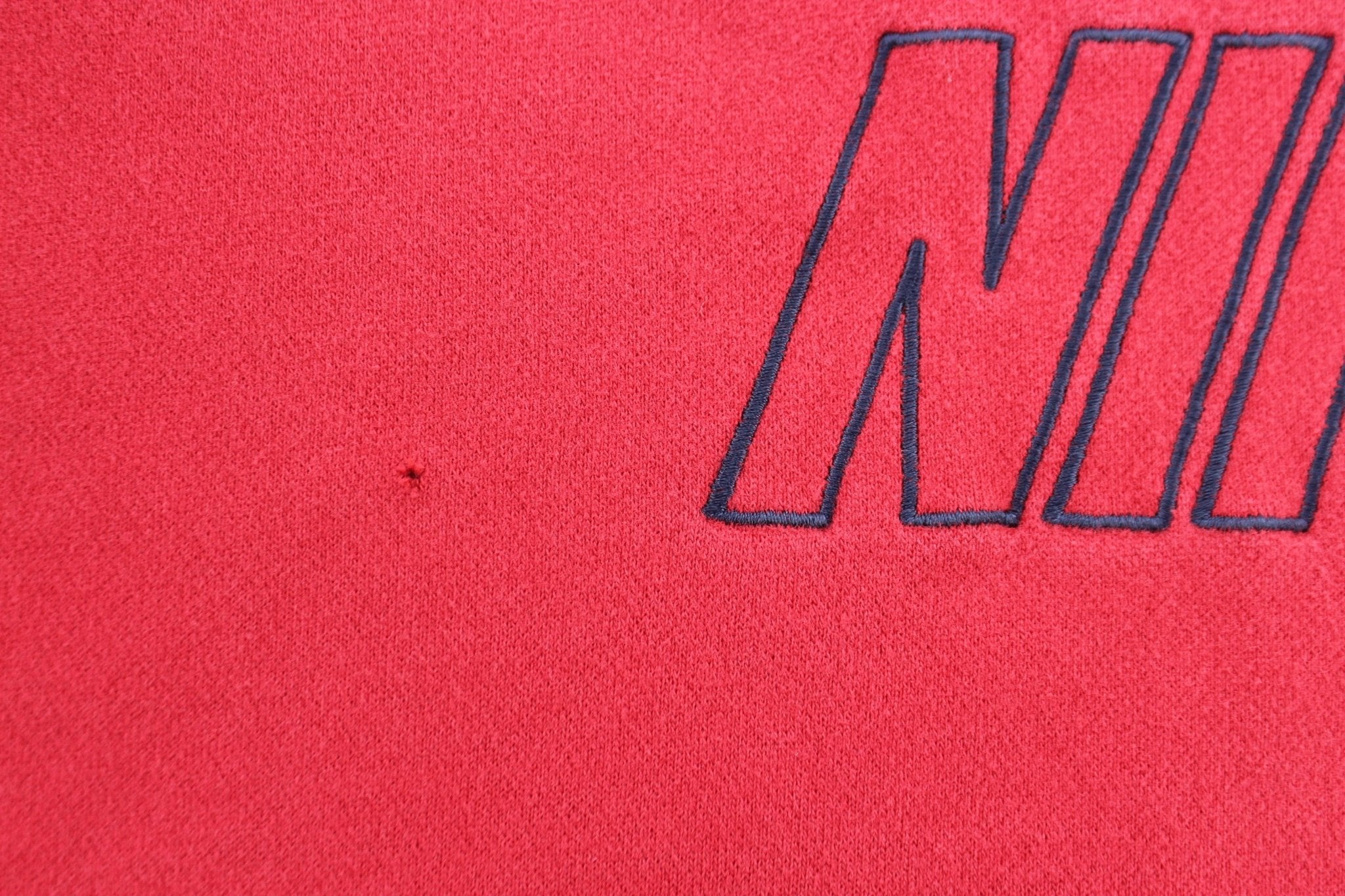 2000's Nike Spellout Embroidered Logo Red & Blue Striped Hoodie - ThriftedThreads.com