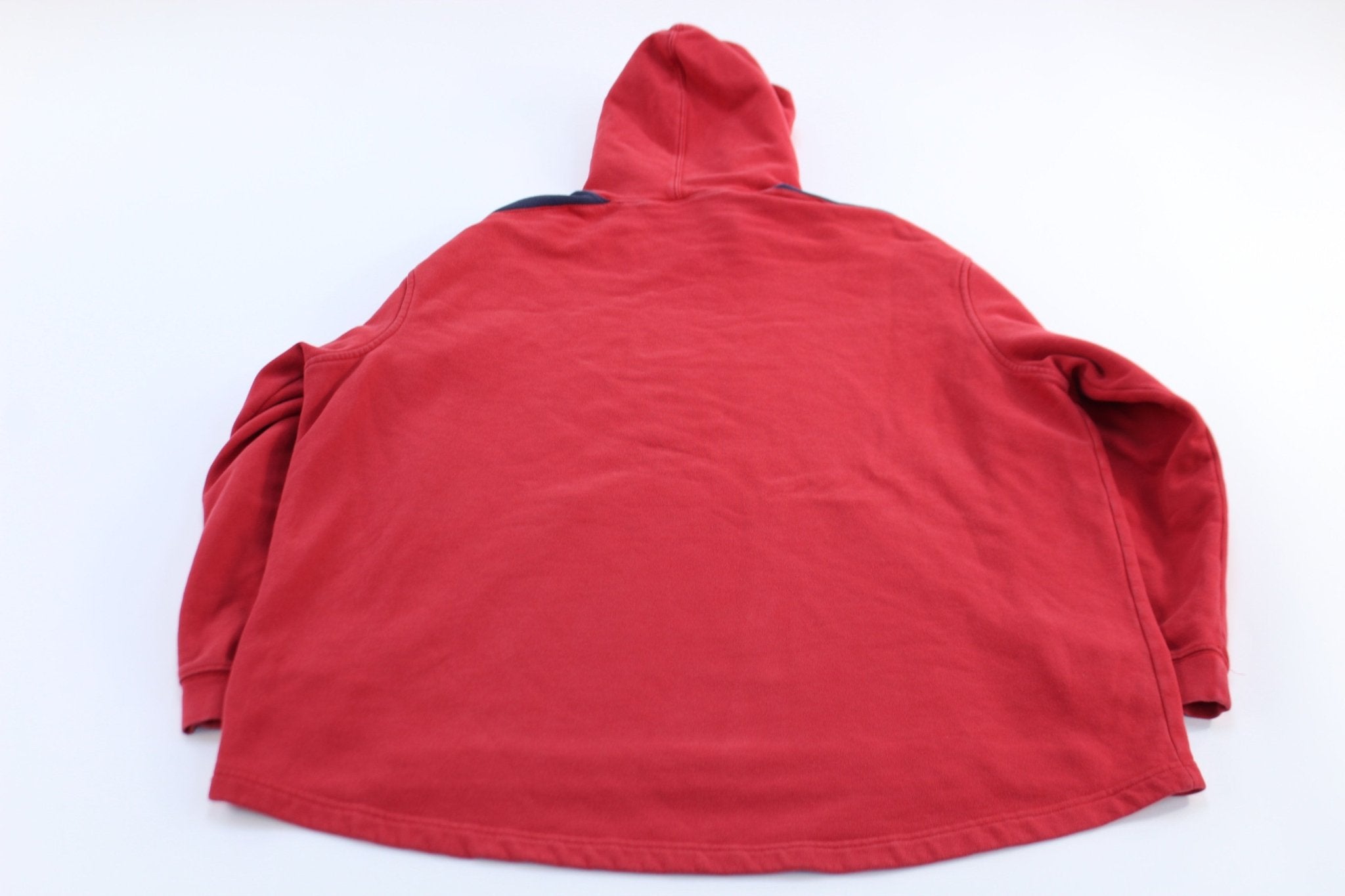 2000's Nike Spellout Embroidered Logo Red & Blue Striped Hoodie - ThriftedThreads.com