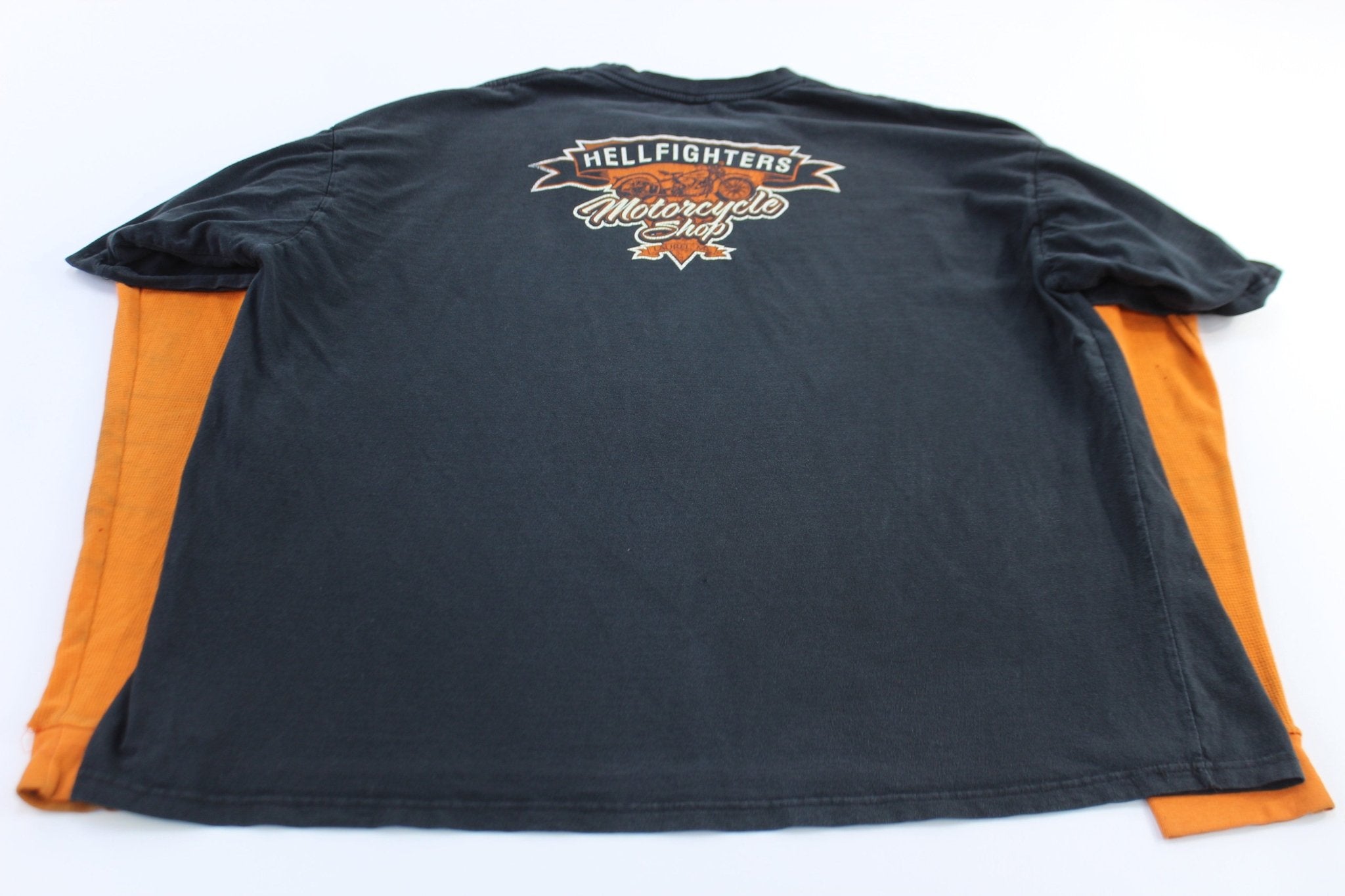 2007 Hot Leathers Hellfighters Motorcycles Shop LS T-Shirt - ThriftedThreads.com