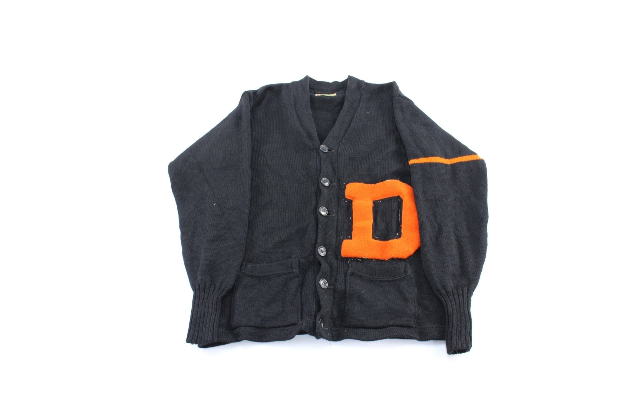 50's Black & Orange Varsity Letterman Cardigan - Sweater - Thrifted Threads