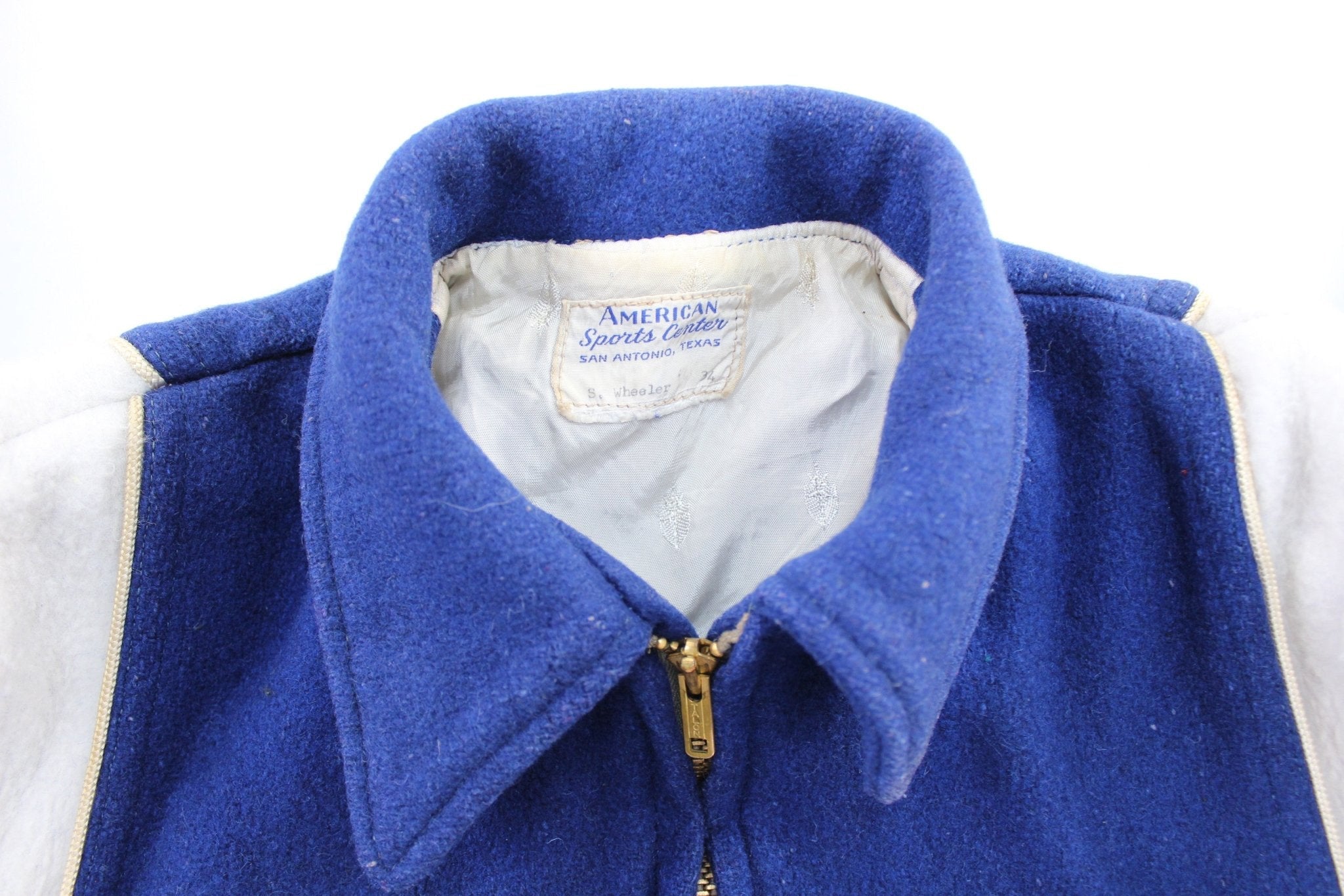 60's American Sports Center Blue & White Varsity Letterman Jacket - Jacket - Thrifted Threads