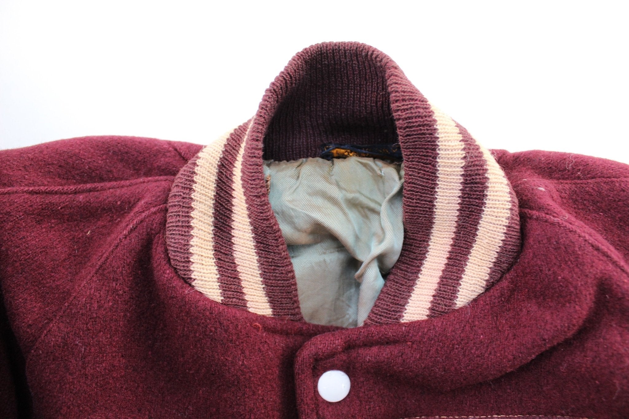 60's Maroon & White Varsity Letterman Jacket - Jacket - Thrifted Threads