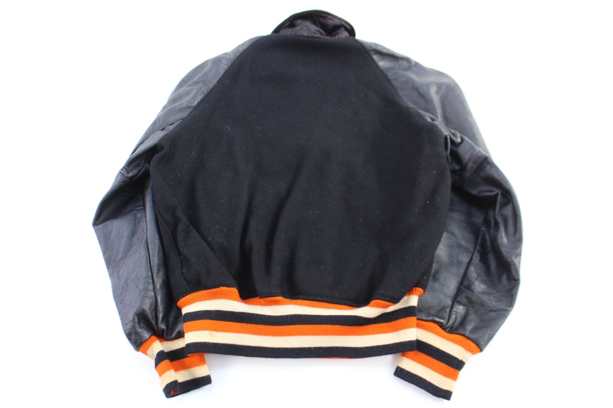 60's Orange & Black Varsity Letterman Jacket - jacket - Thrifted Threads