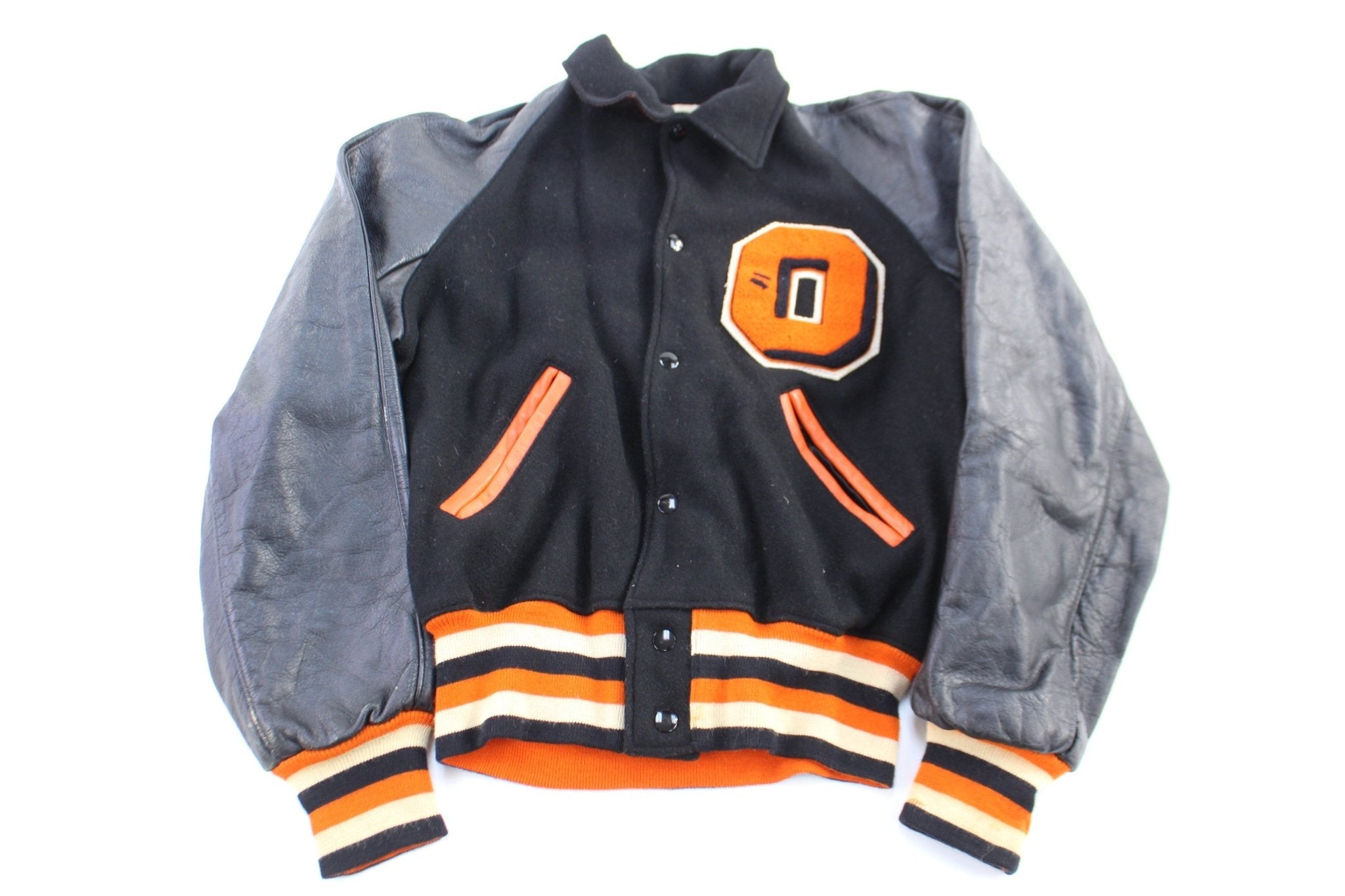 60's Orange & Black Varsity Letterman Jacket - jacket - Thrifted Threads