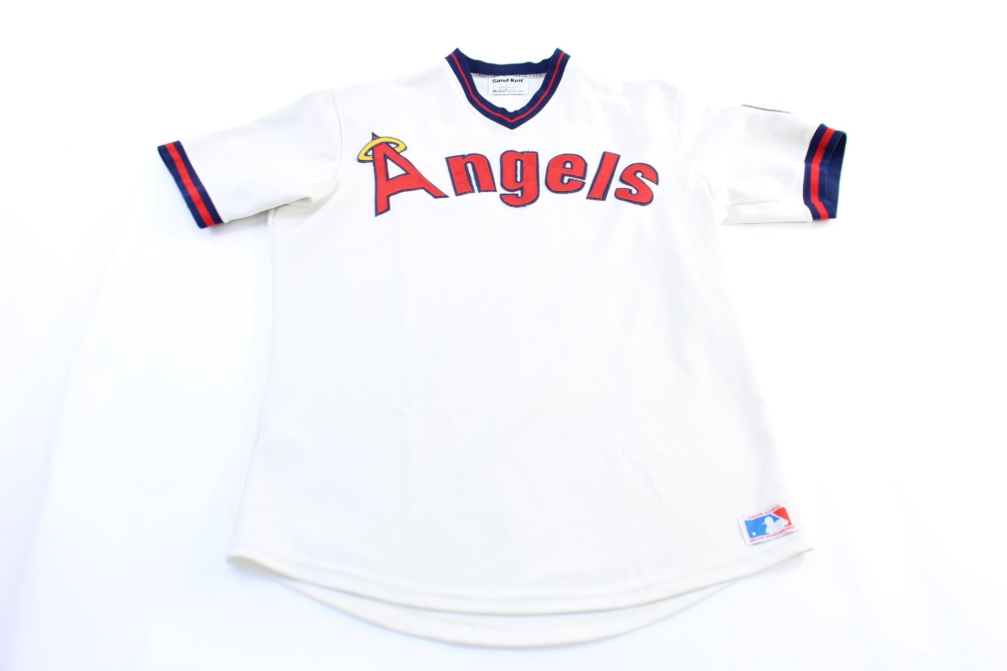 70's California Angels Embroidered Sand Knit Baseball Jersey - ThriftedThreads.com