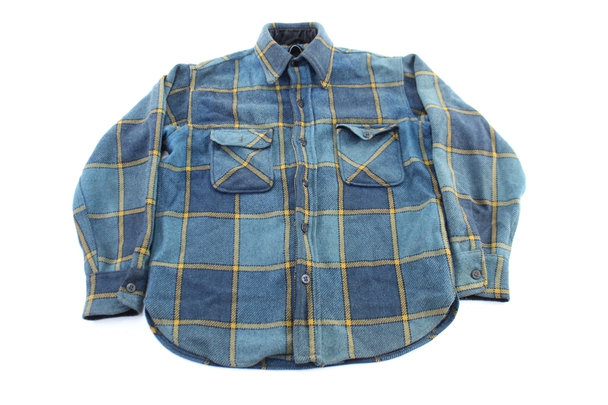 70's Kings Crown Blue & Yellow Plaid LS Button Up - ThriftedThreads.com